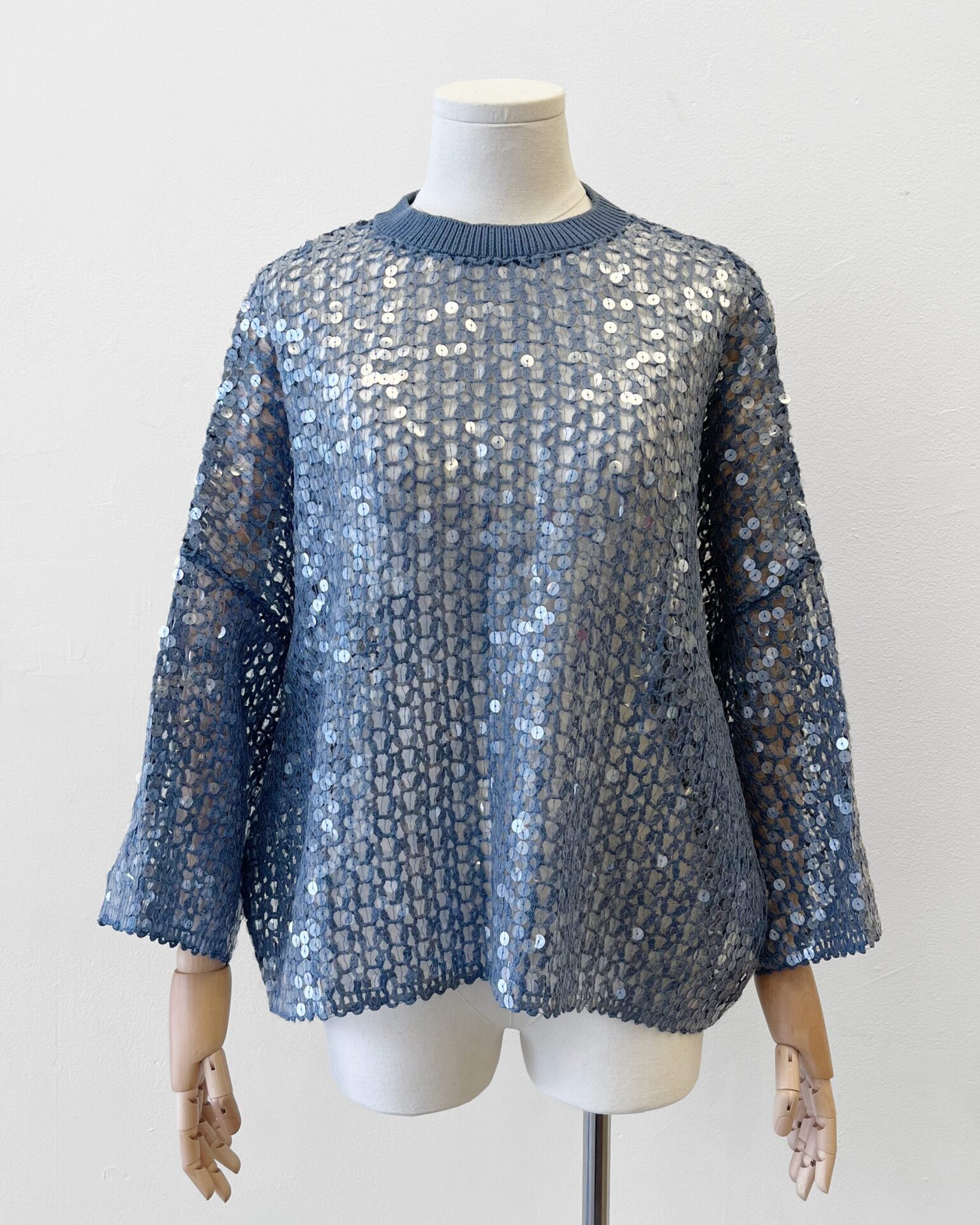 Brunello Cucinelli Slate Blue Fish Scale Sequin Knit Sweater