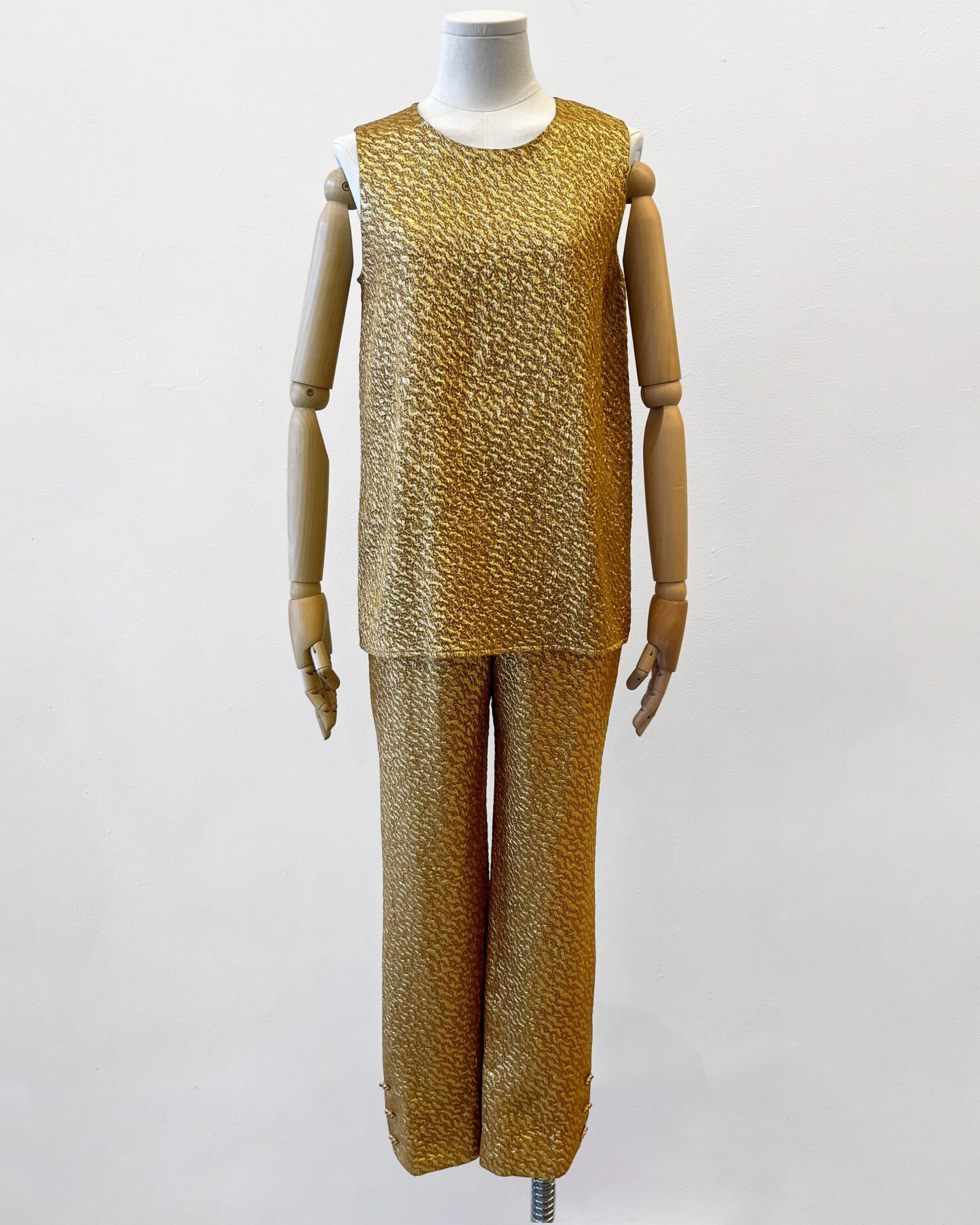 Chanel 1996 gold crinkled pants & top set with Gripoix buttons