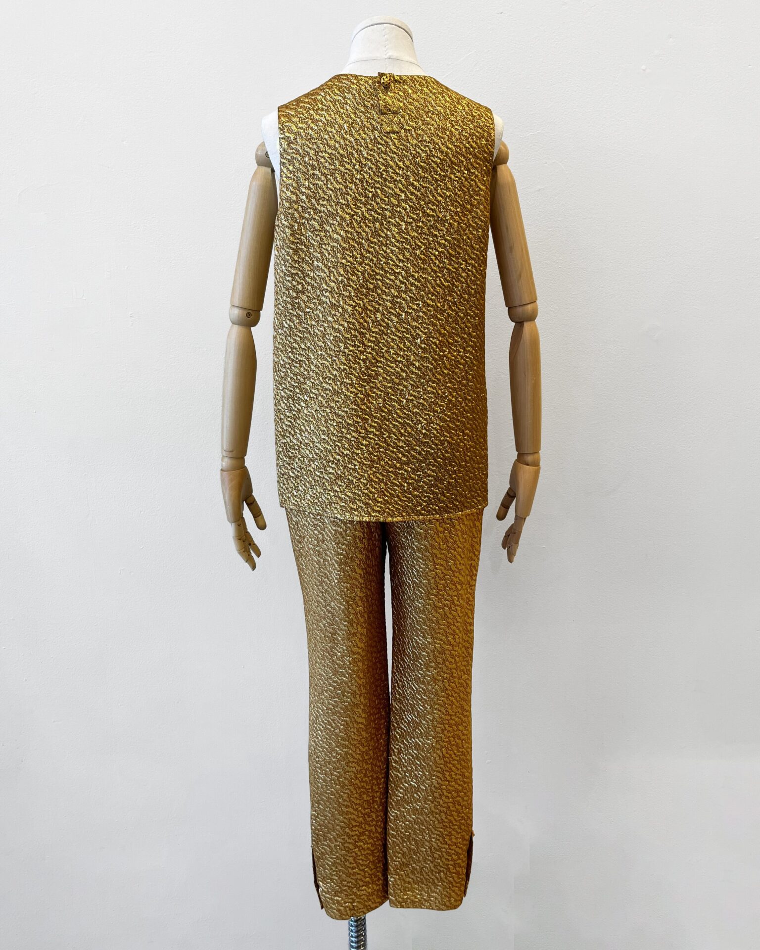 Chanel 1996 gold crinkled pants & top set with Gripoix buttons
