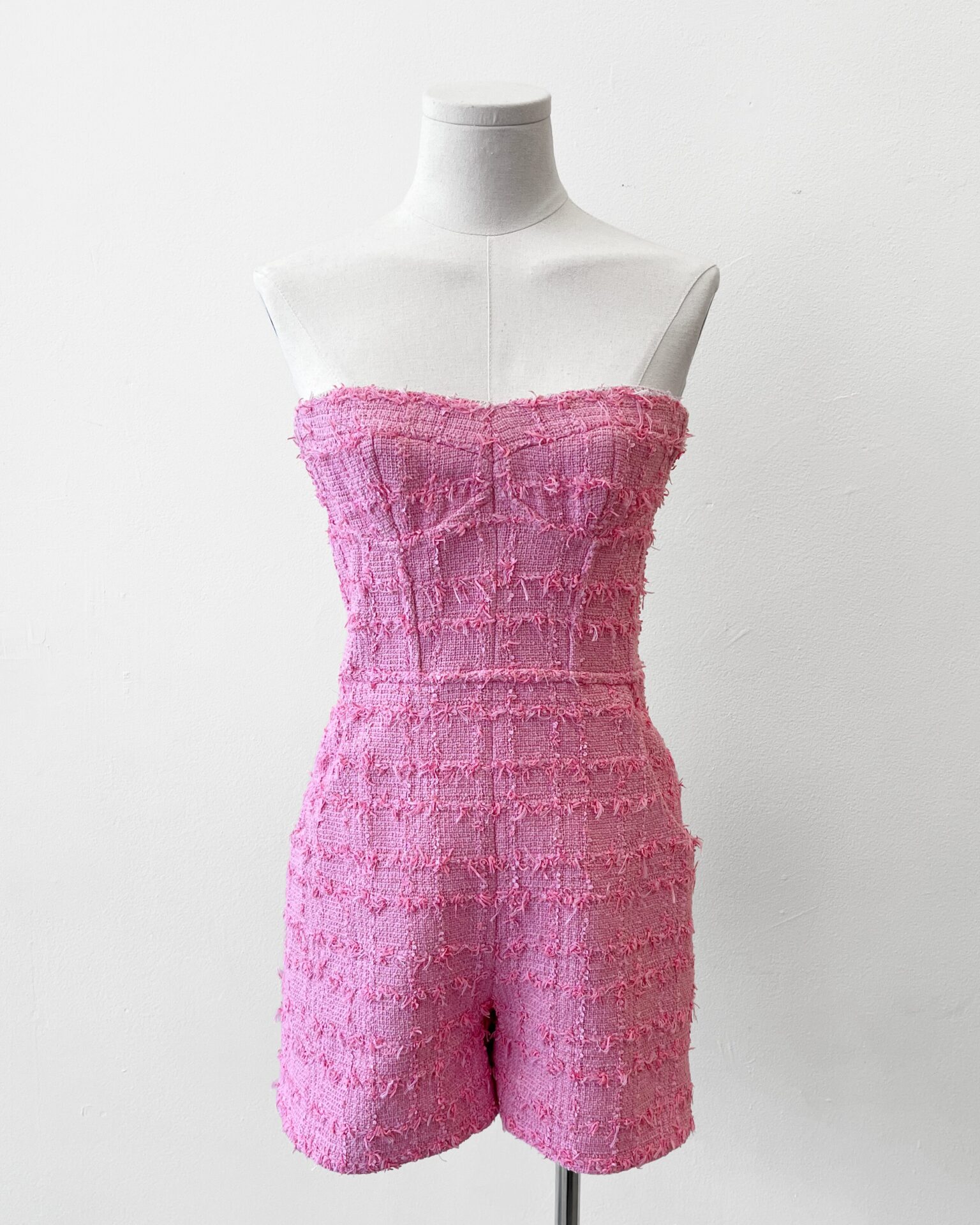 Chanel 2023 pink tweed strapless romper