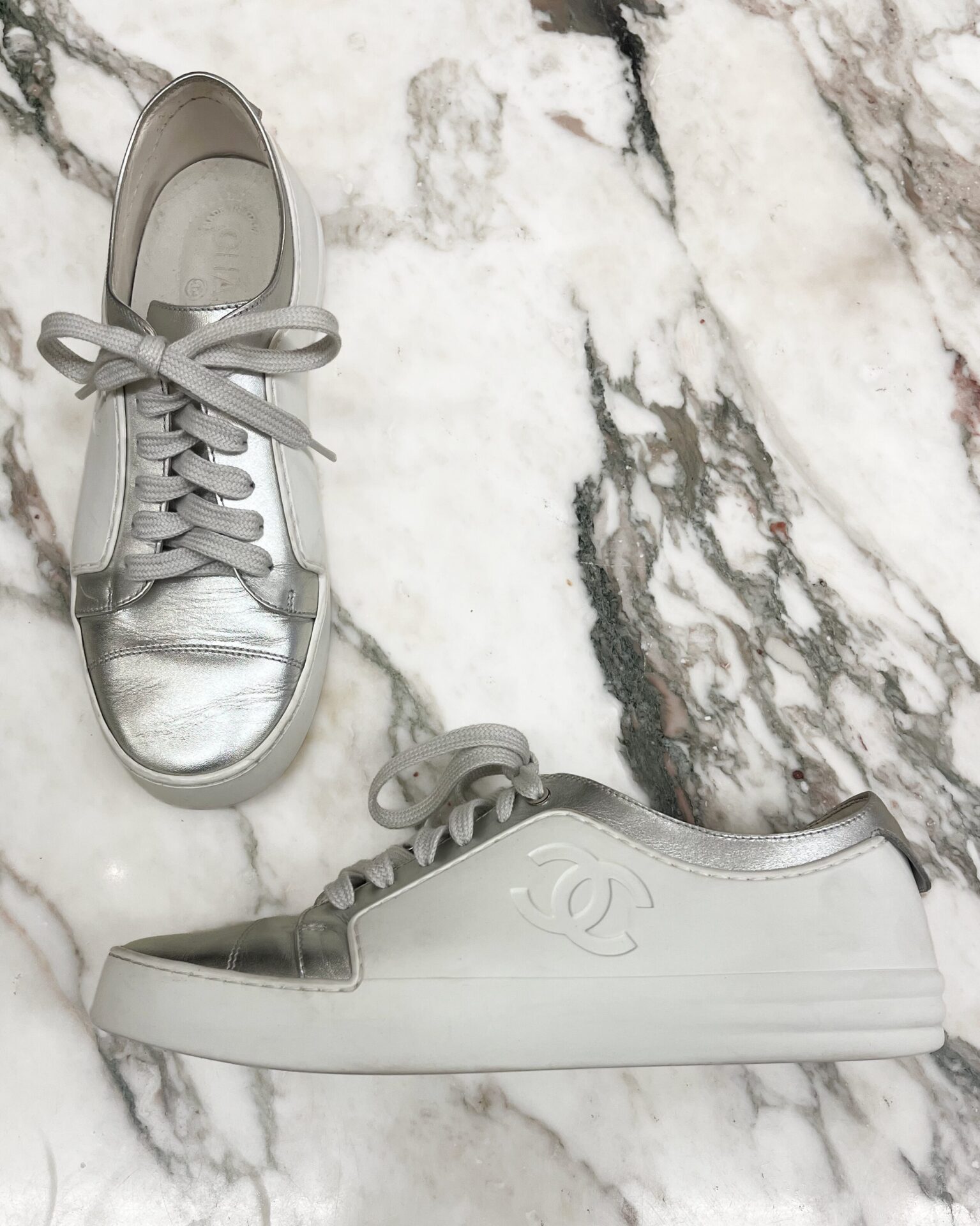 Chanel white rubber/silver leather sneakers