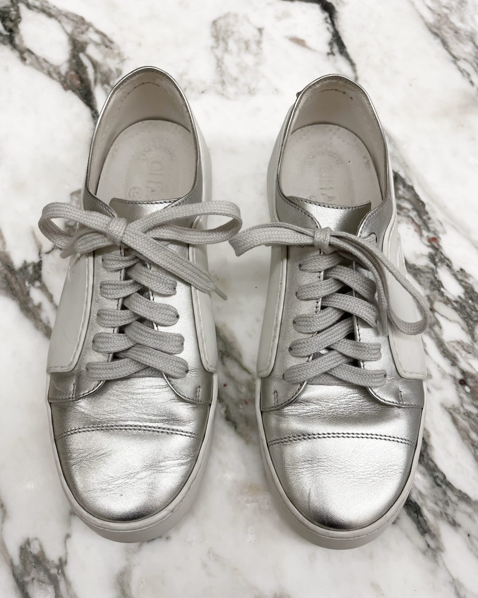 Chanel white rubber/silver leather sneakers
