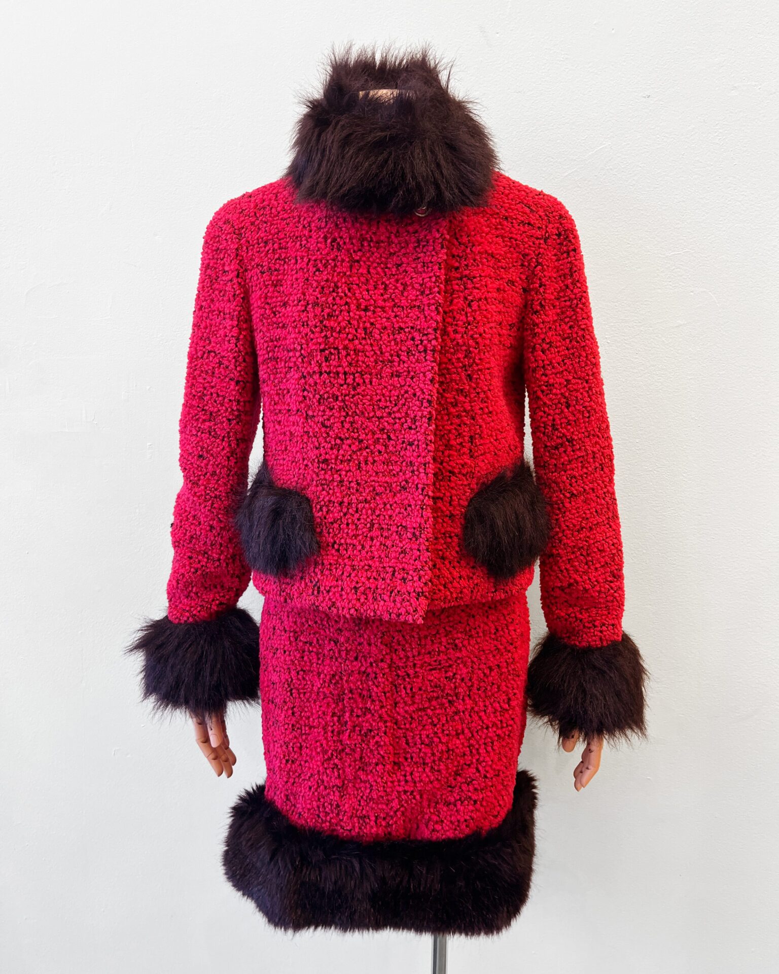 Chanel 1994 raspberry & black tweed skirt suit with fur trim