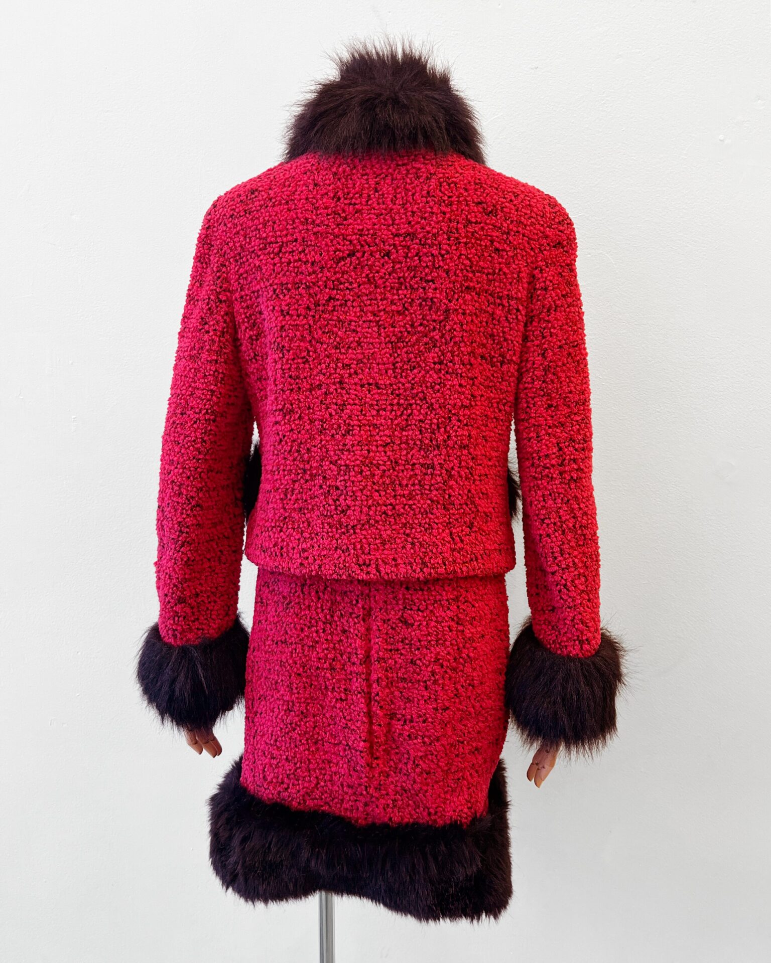 Chanel 1994 raspberry & black tweed skirt suit with fur trim