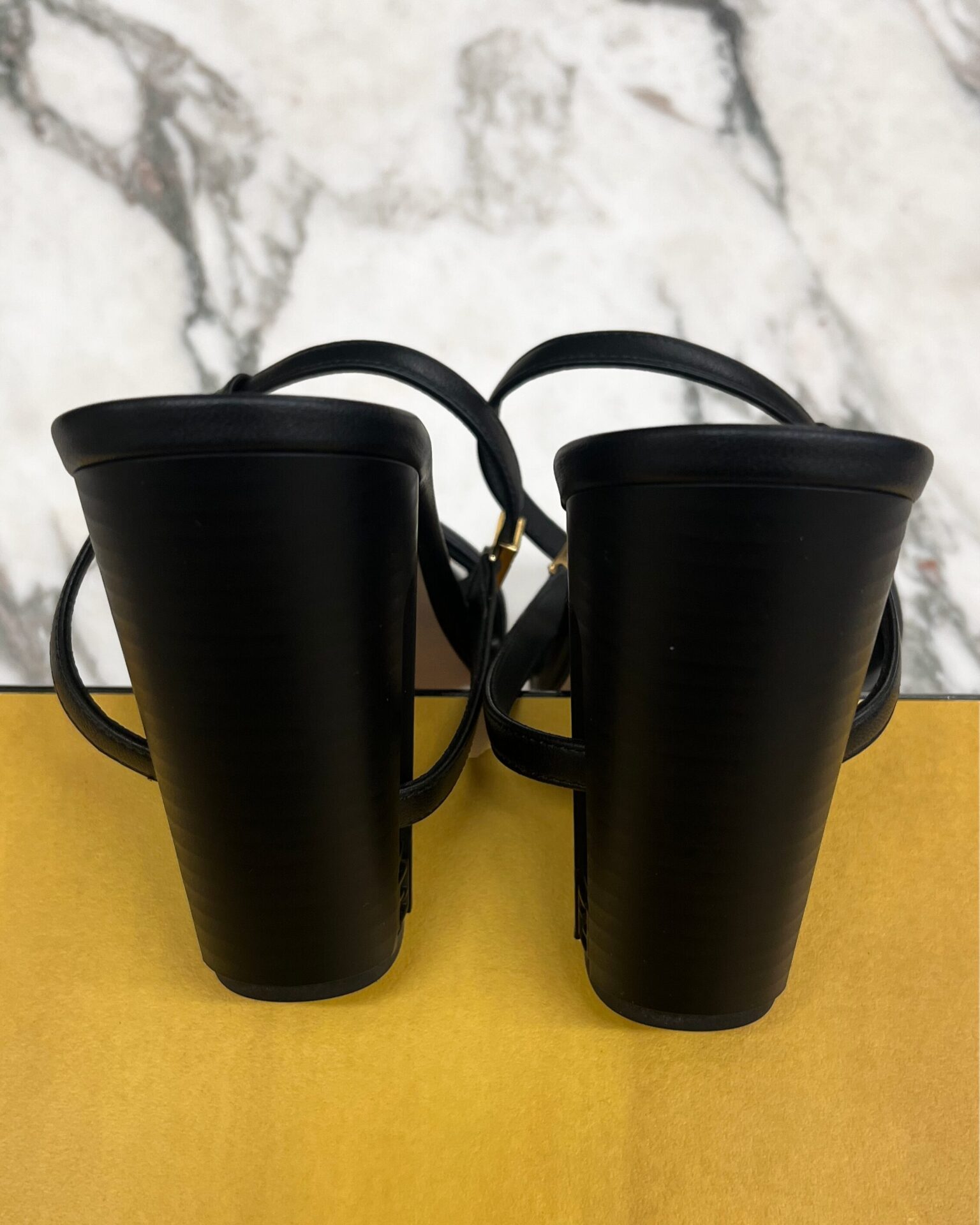 Fendi Delfina black 'FF' nappa leather heeled sandals