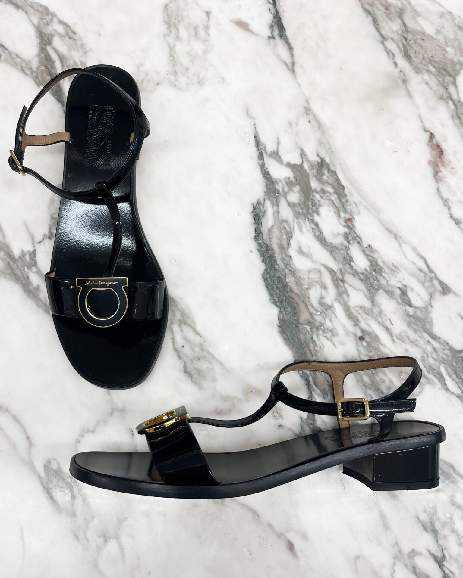 Ferragamo black patent leather Gancini sandals