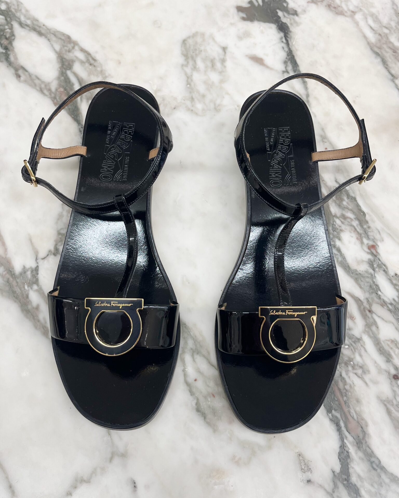 Ferragamo black patent leather Gancini sandals