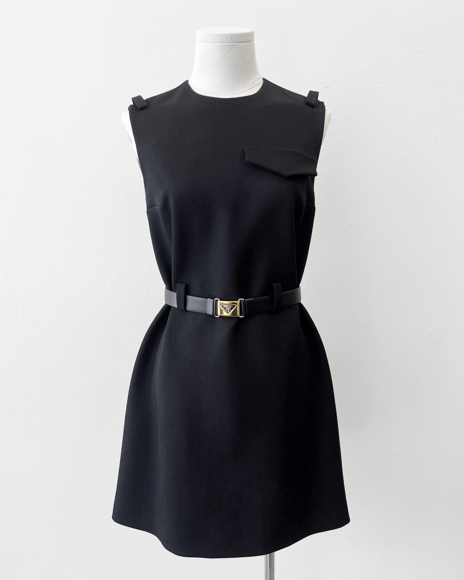 Prada belted black wool mini dress