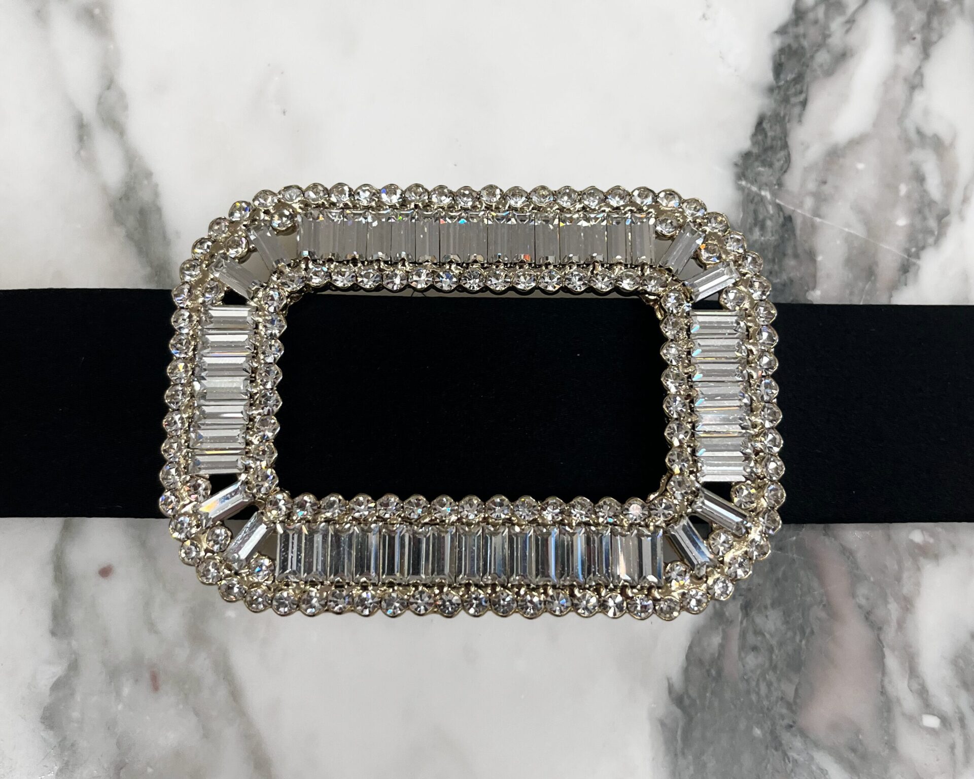 Roger Vivier black satin crystal buckle pilgrim belt