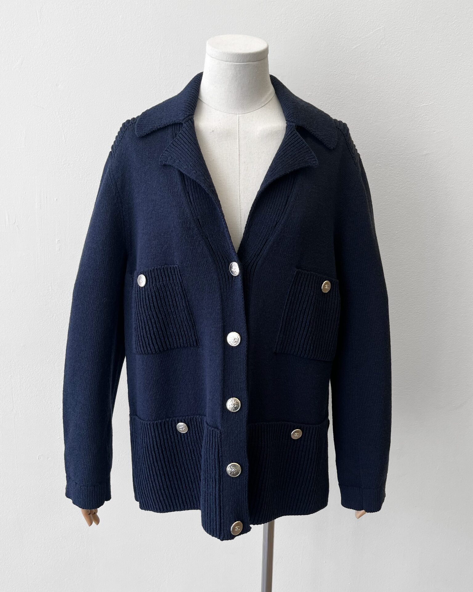 Chanel 2025 navy wool knit 4 pocket cardigan