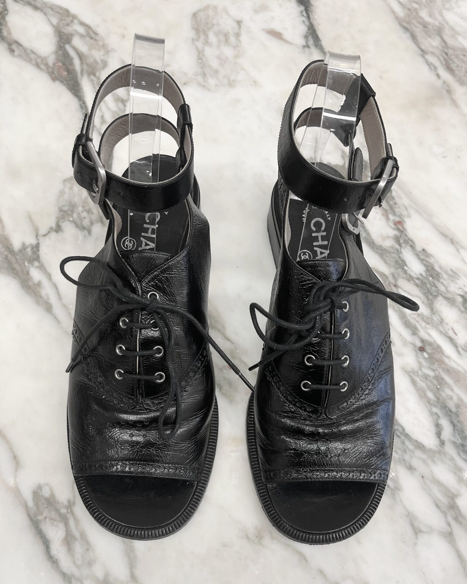 Chanel brogue lace-up sandals in black crinkle leather