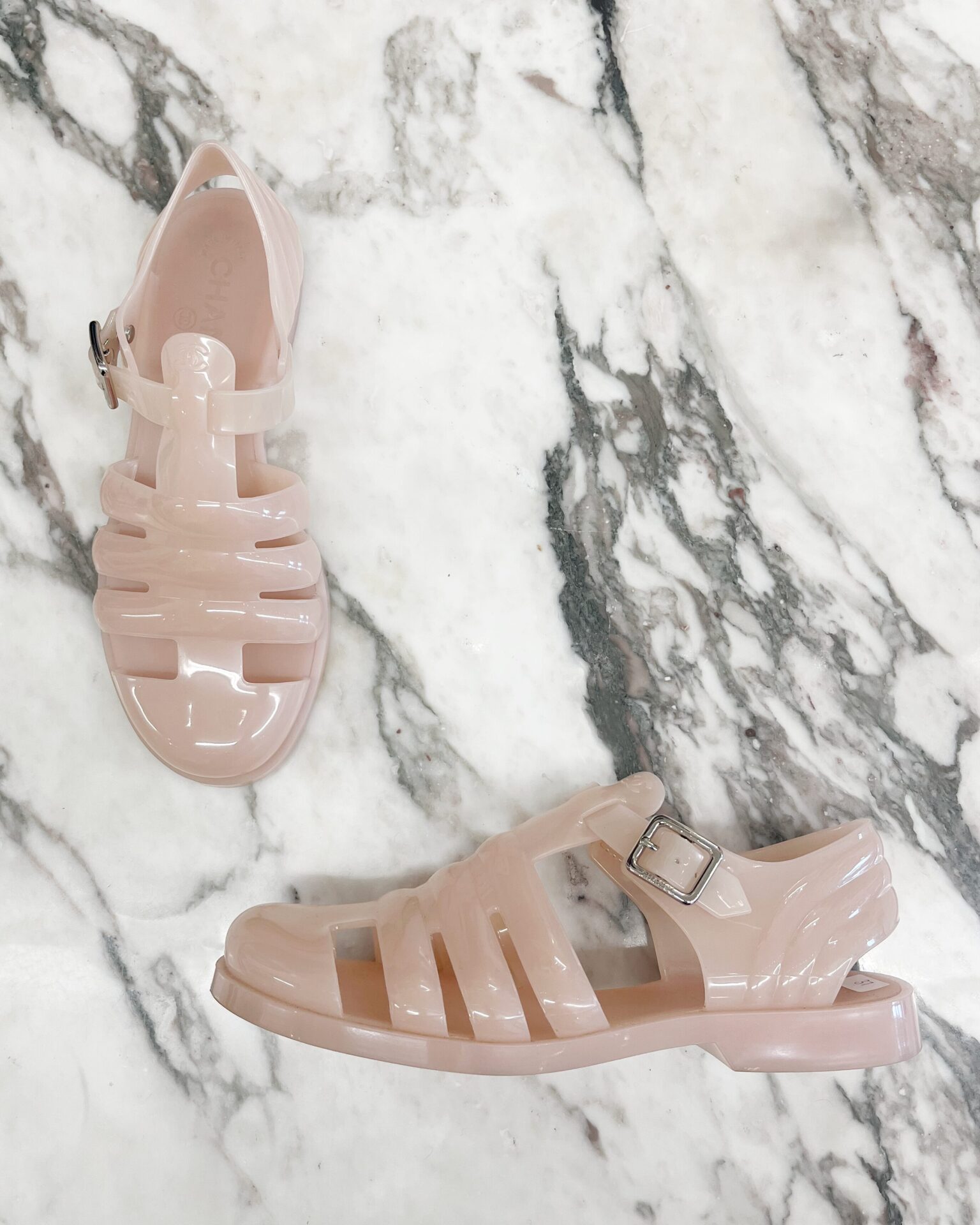 Chanel peach jelly sandals with silver buckle