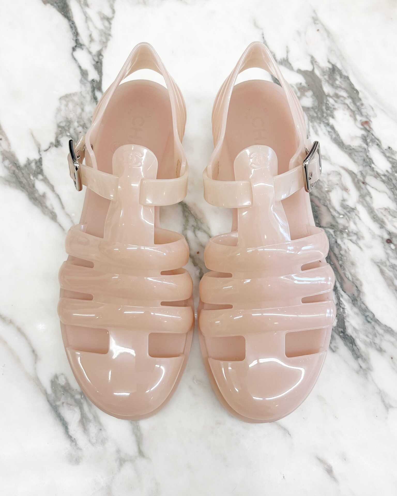 Chanel peach jelly sandals with silver buckle