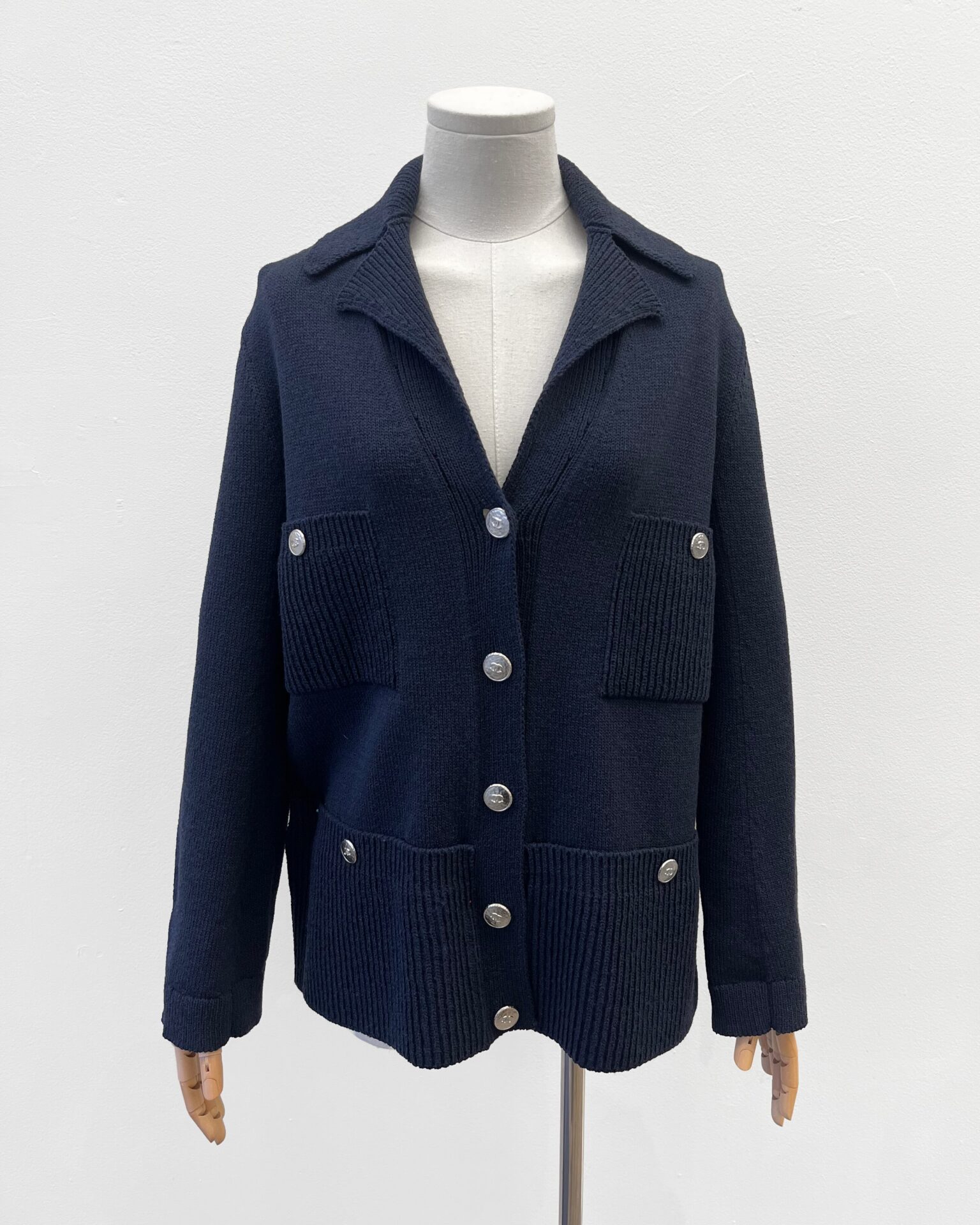 Chanel 2025 navy wool knit 4 pocket cardigan