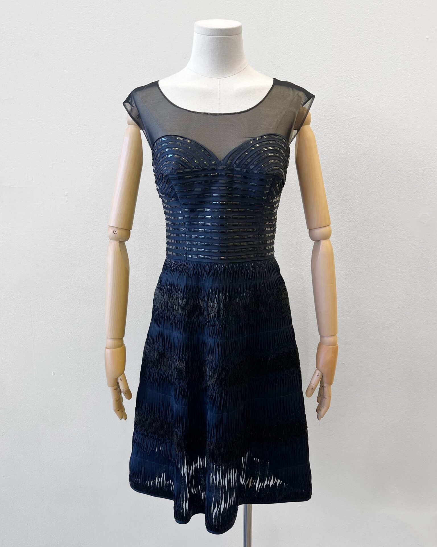 Oscar De La Renta navy beaded dress with sheer collar