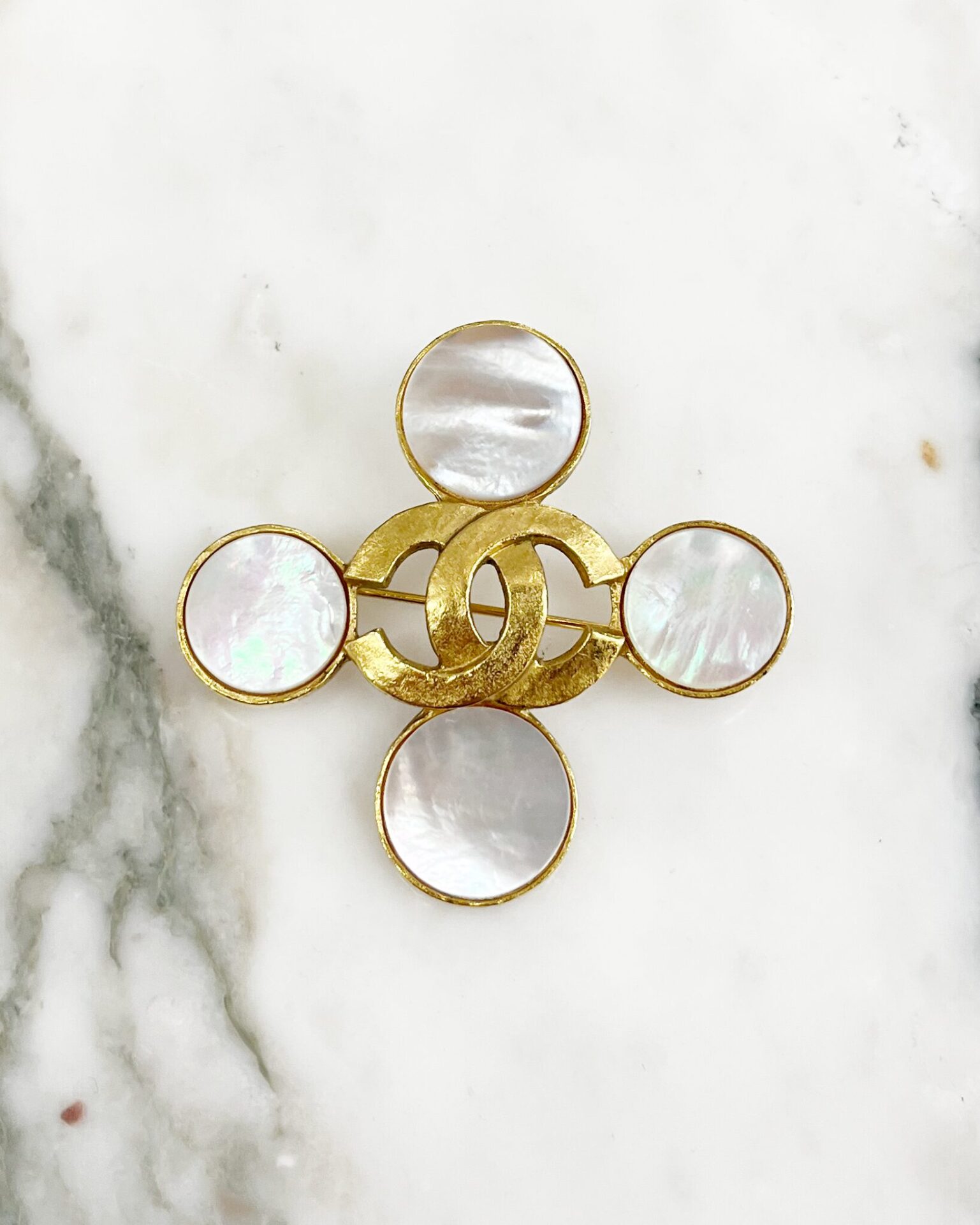 Chanel 1995 gold 'CC' brooch with mother of pearl circles