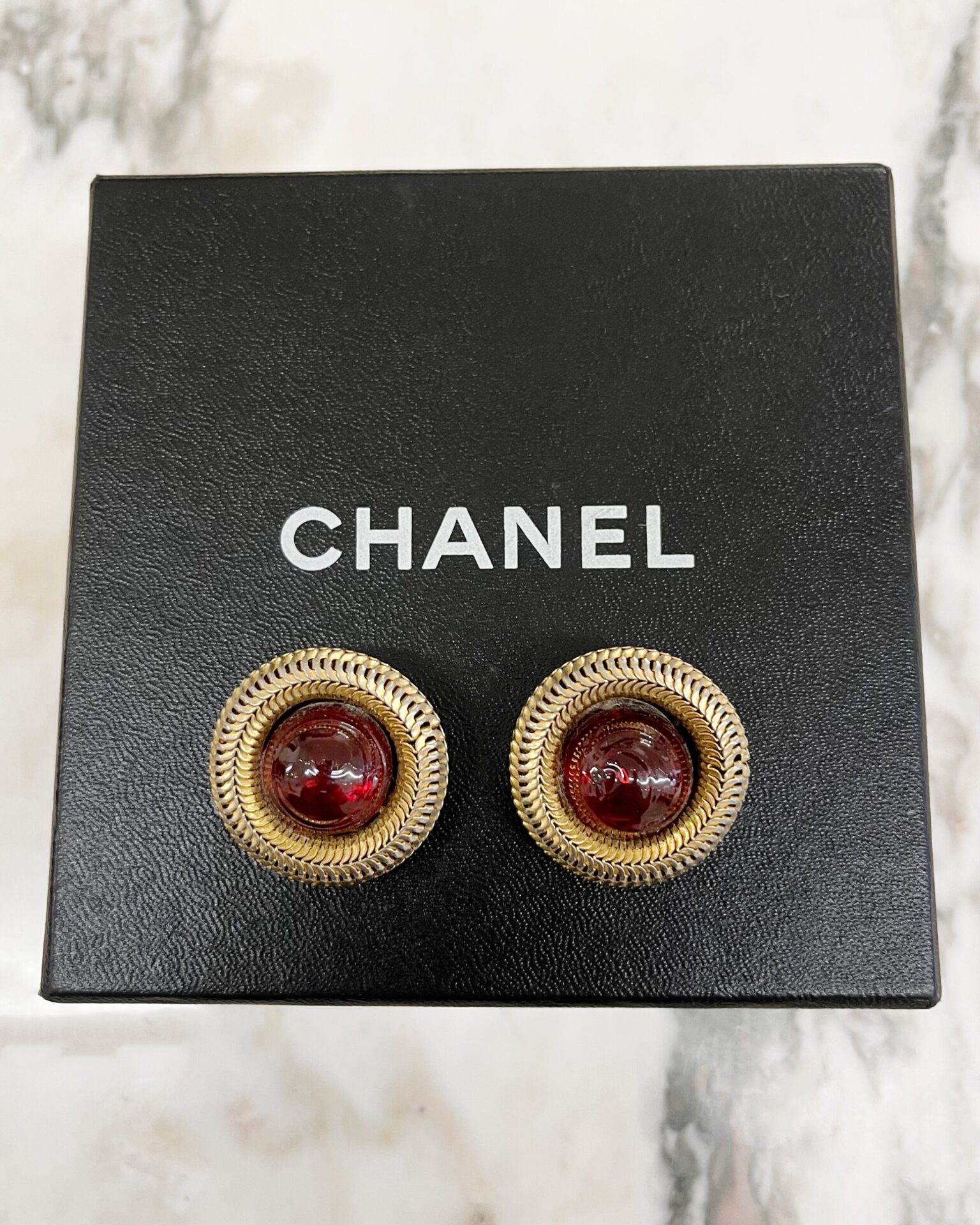 Chanel 1984 red Gripoix glass earrings with chain trim