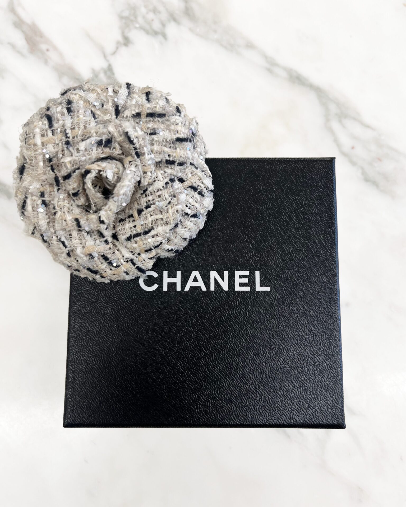 Chanel ecru tweed Camellia brooch with sparkles