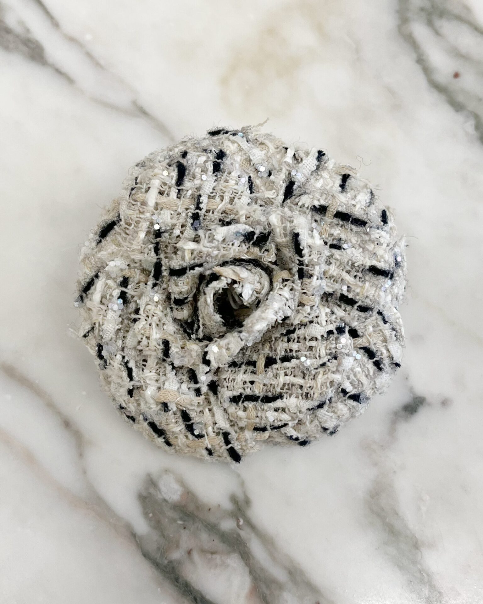 Chanel ecru tweed Camellia brooch with sparkles