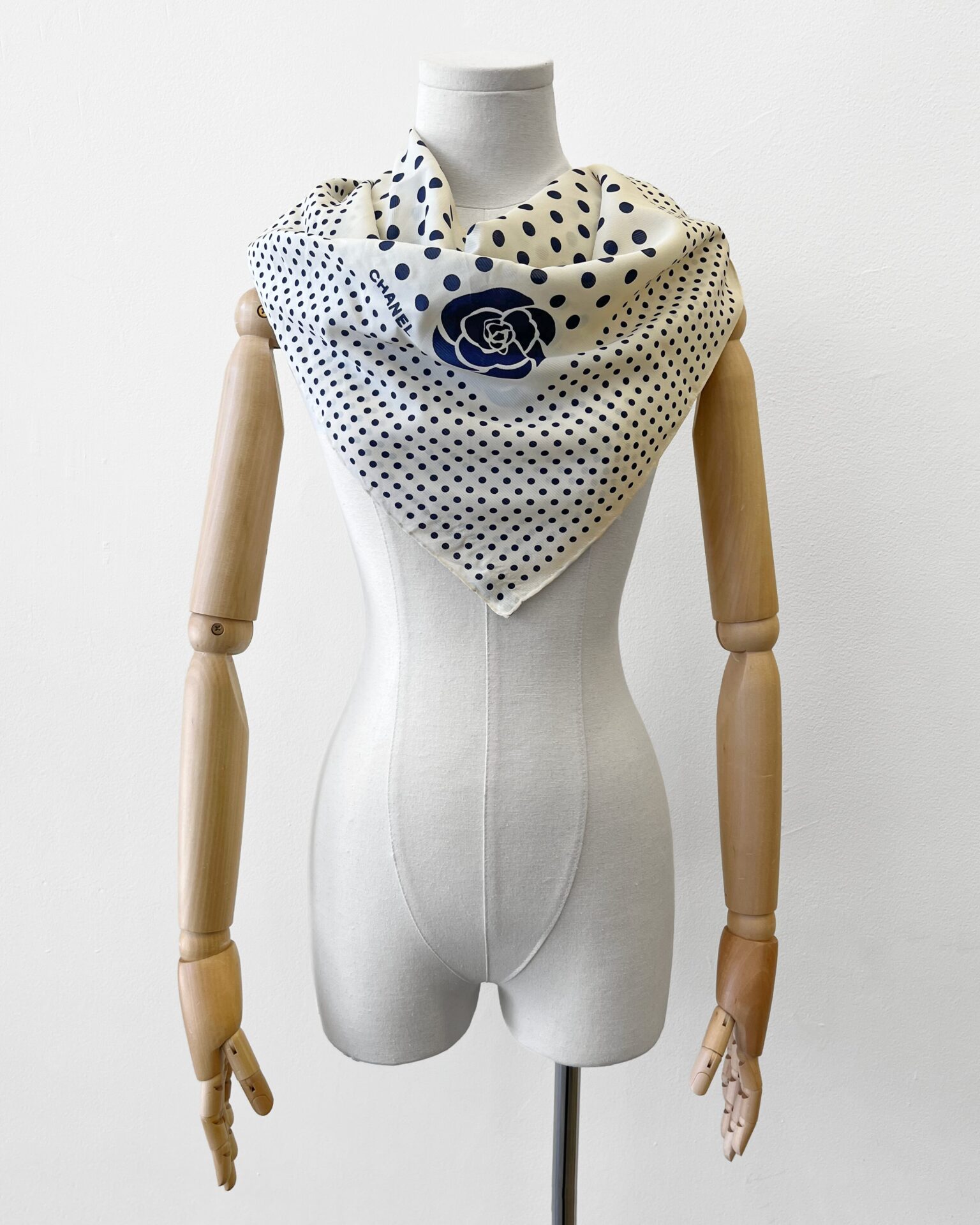 Chanel cream silk scarf with navy Camellia/polka dot print