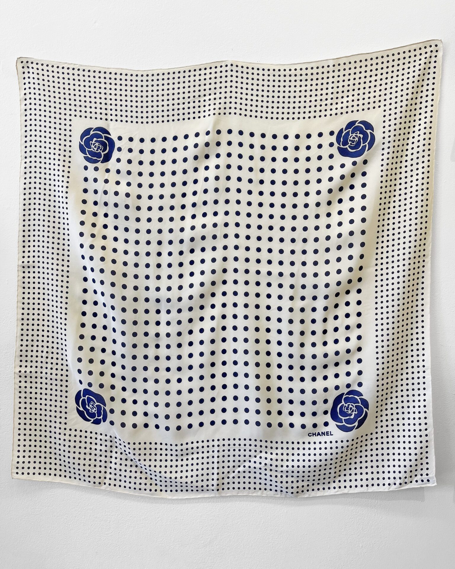 Chanel cream silk scarf with navy Camellia/polka dot print