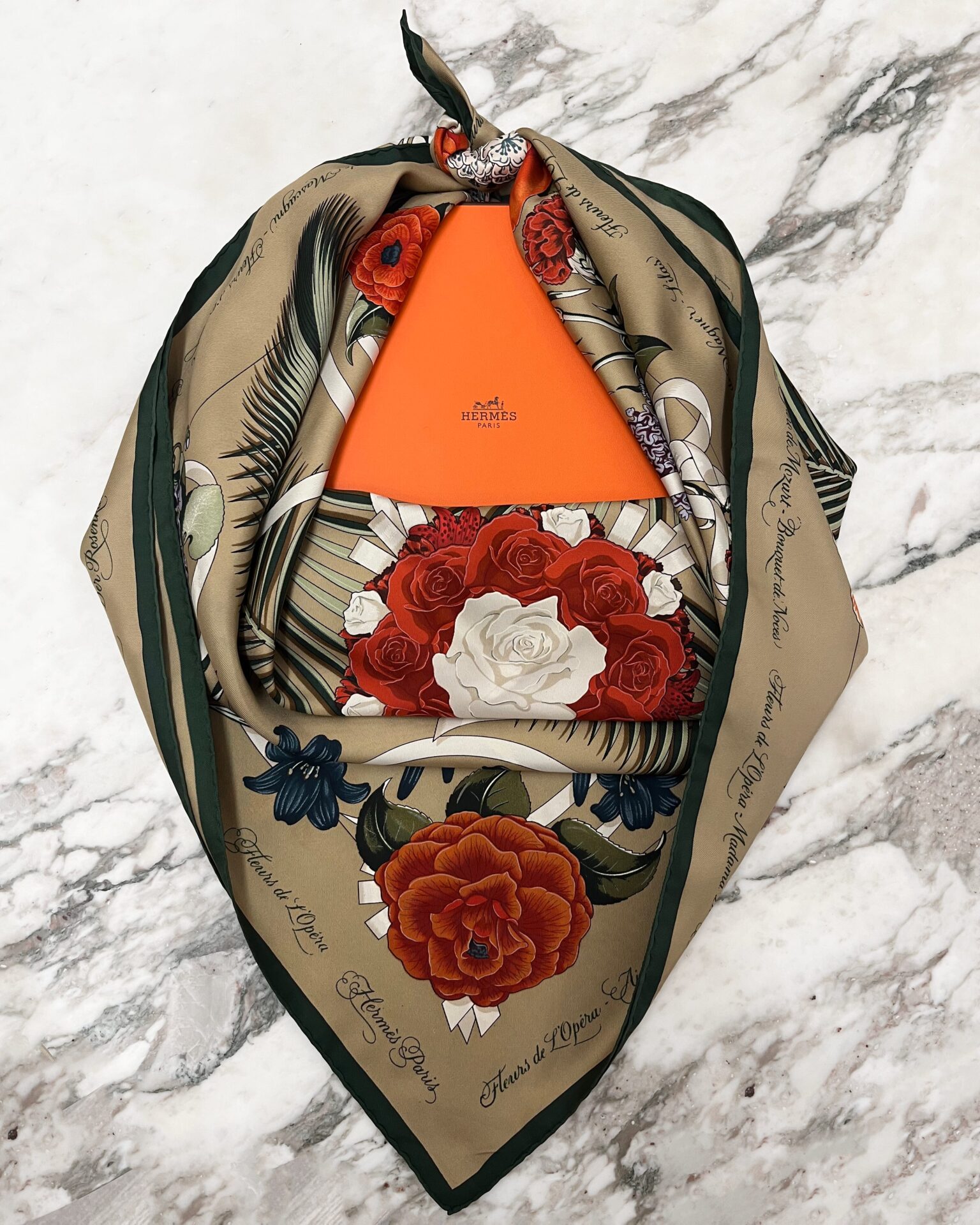 Hermes 'Fleur de L'Opera' silk scarf with taupe green & red florals