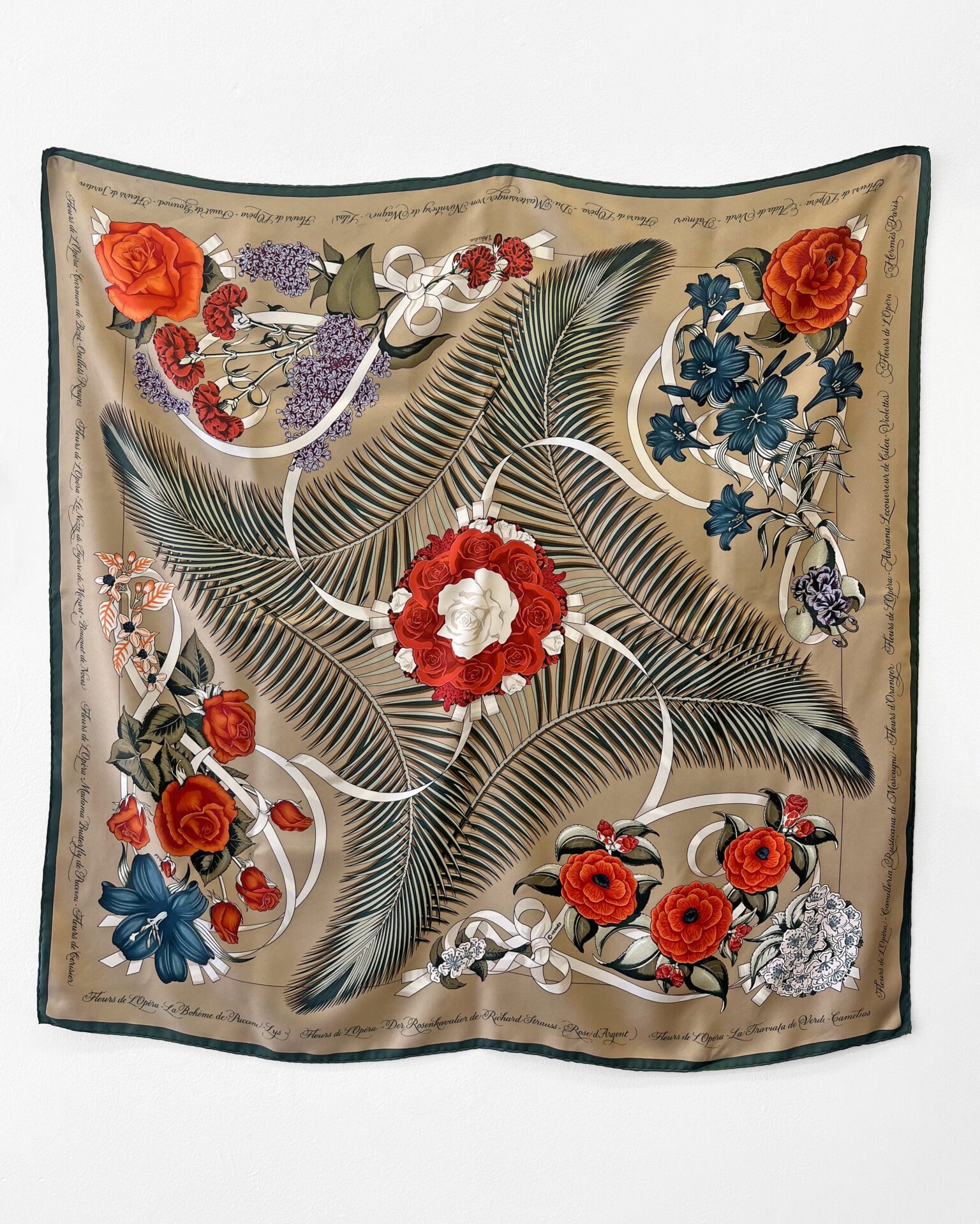Hermes 'Fleur de L'Opera' silk scarf with taupe green & red florals