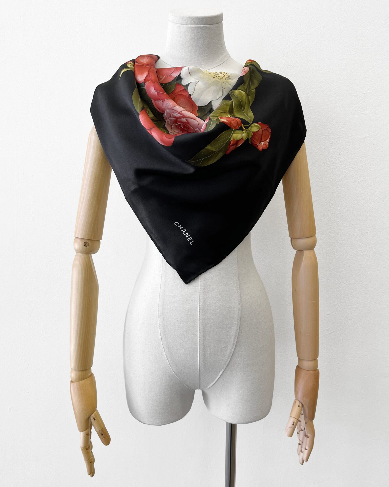Chanel black silk scarf with red white & green Camellia print