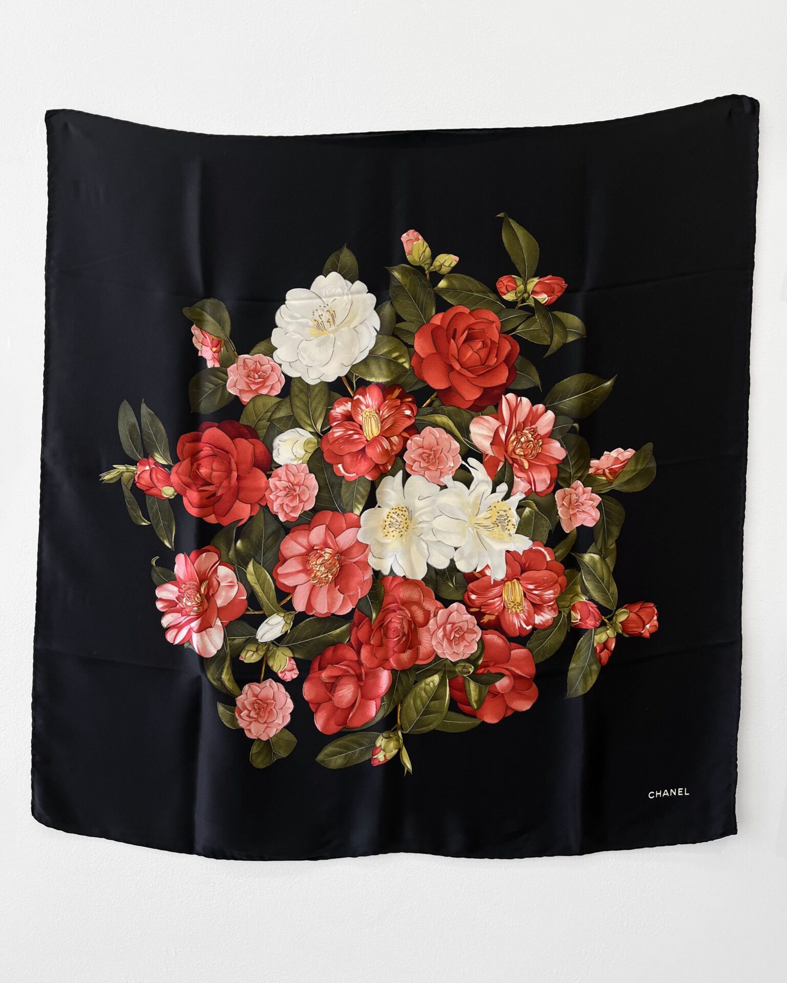 Chanel black silk scarf with red white & green Camellia print