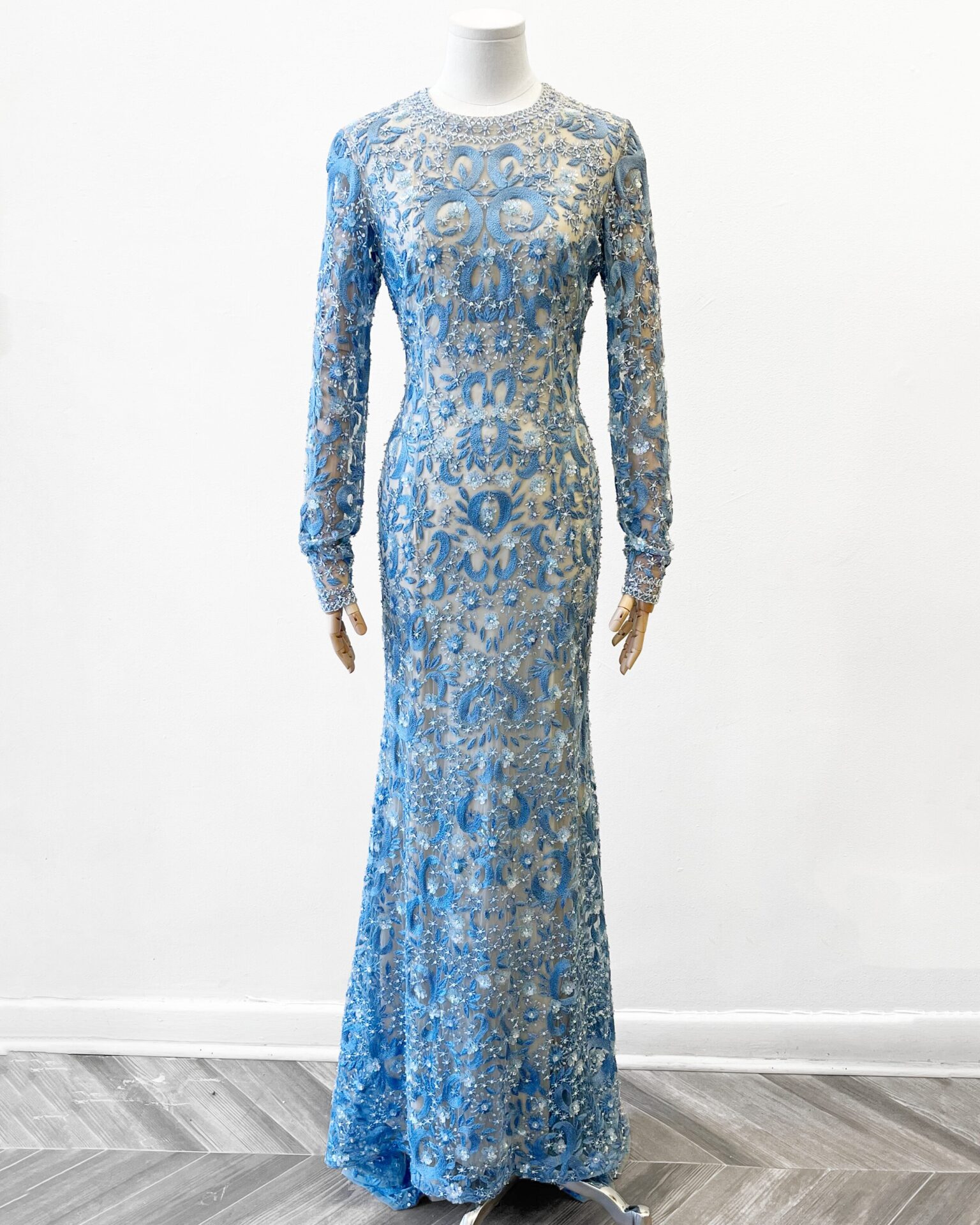 Naeem Khan 2013 periwinkle blue hand beaded gown with train