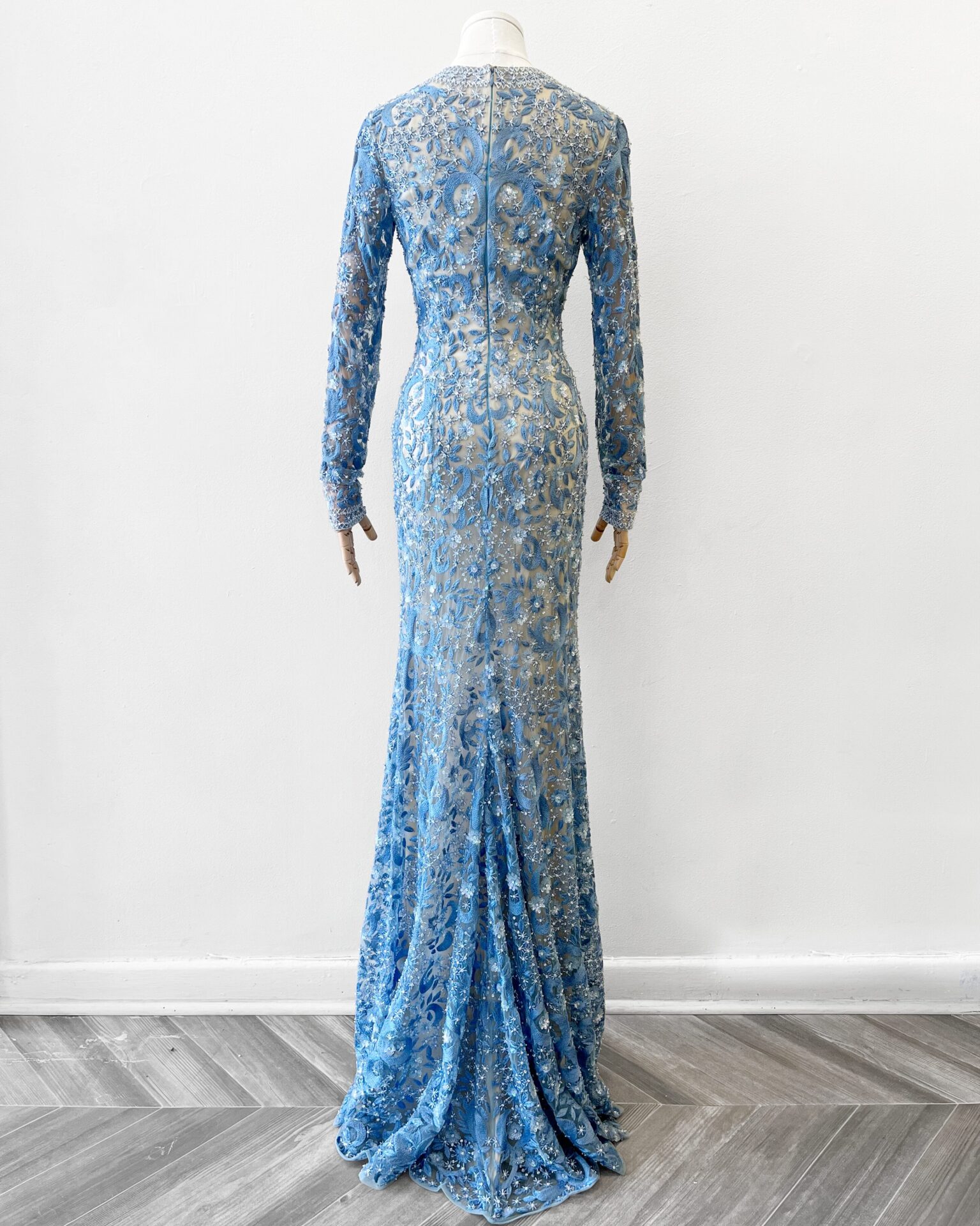 Naeem Khan 2013 periwinkle blue hand beaded gown with train