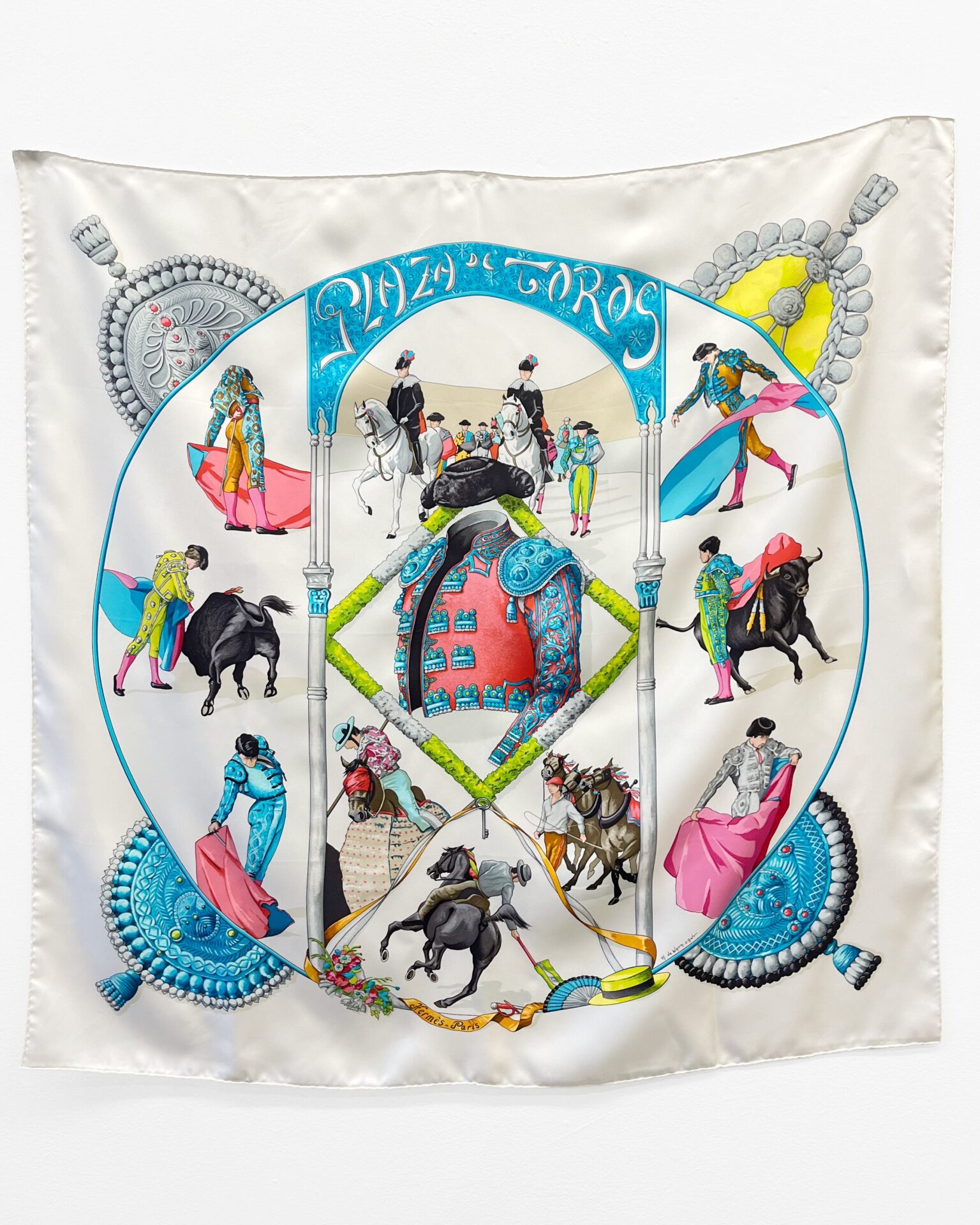 Hermes 'Plaza de Toros' white silk scarf