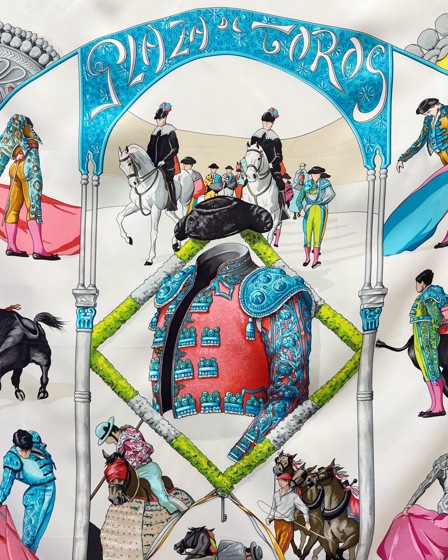Hermes 'Plaza de Toros' white silk scarf