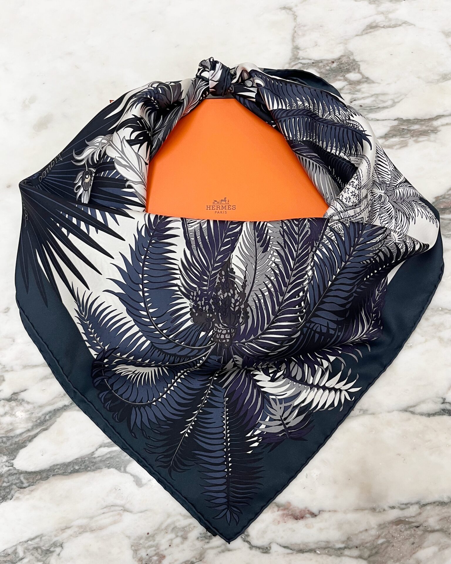 Hermes 'Mythiques Phoenix' silk scarf in grey