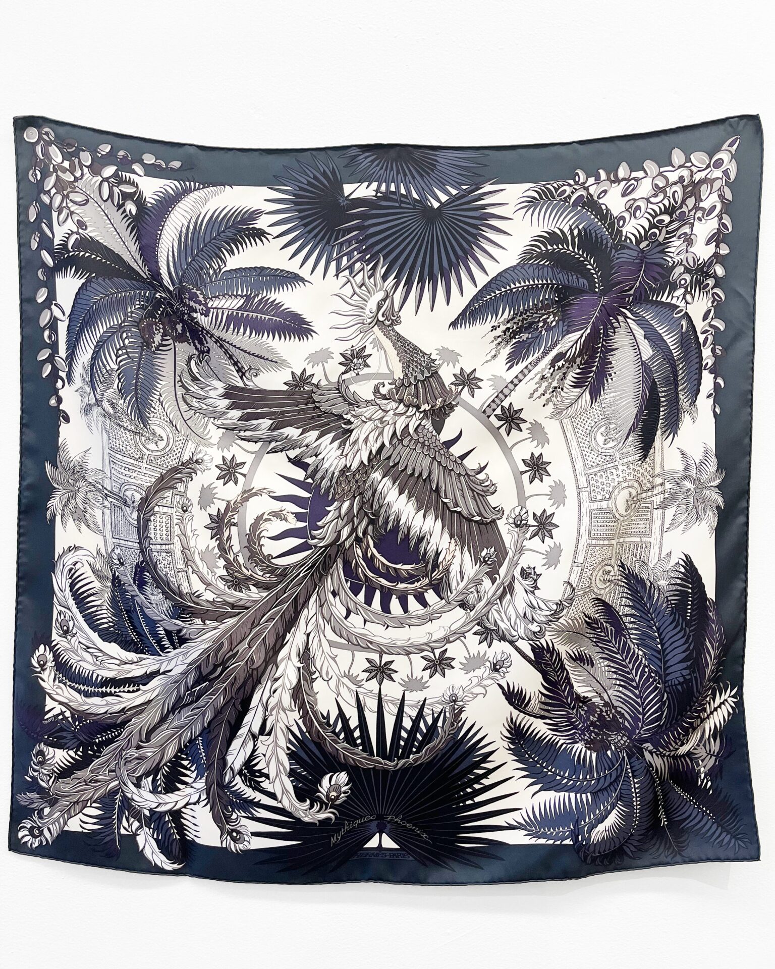 Hermes 'Mythiques Phoenix' silk scarf in grey