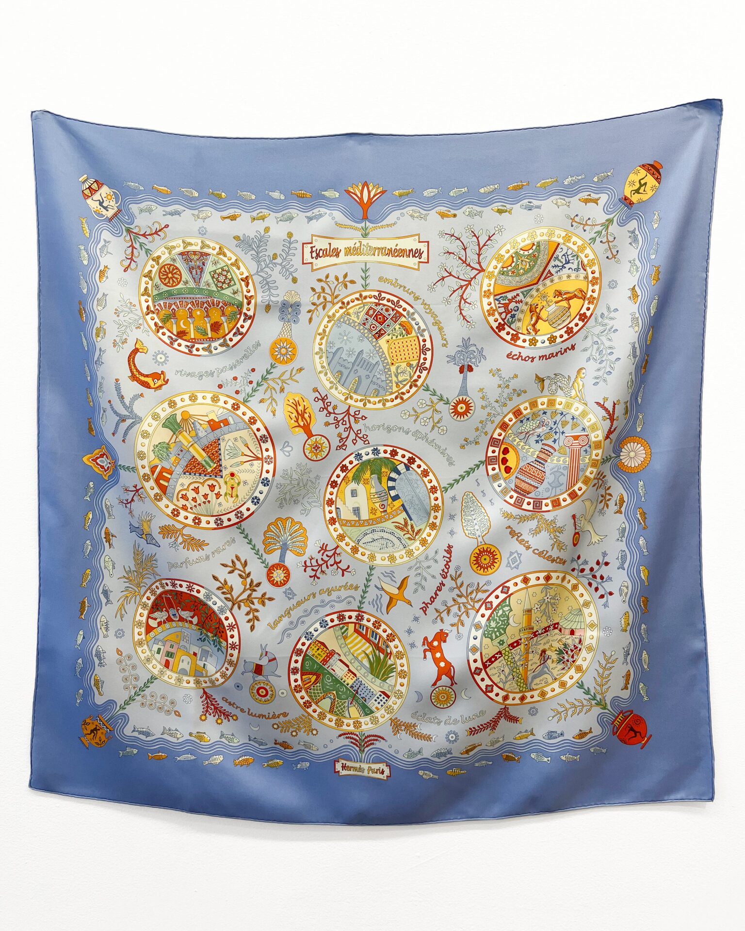 Hermes 'Escales Mediterraneennes' blue silk scarf