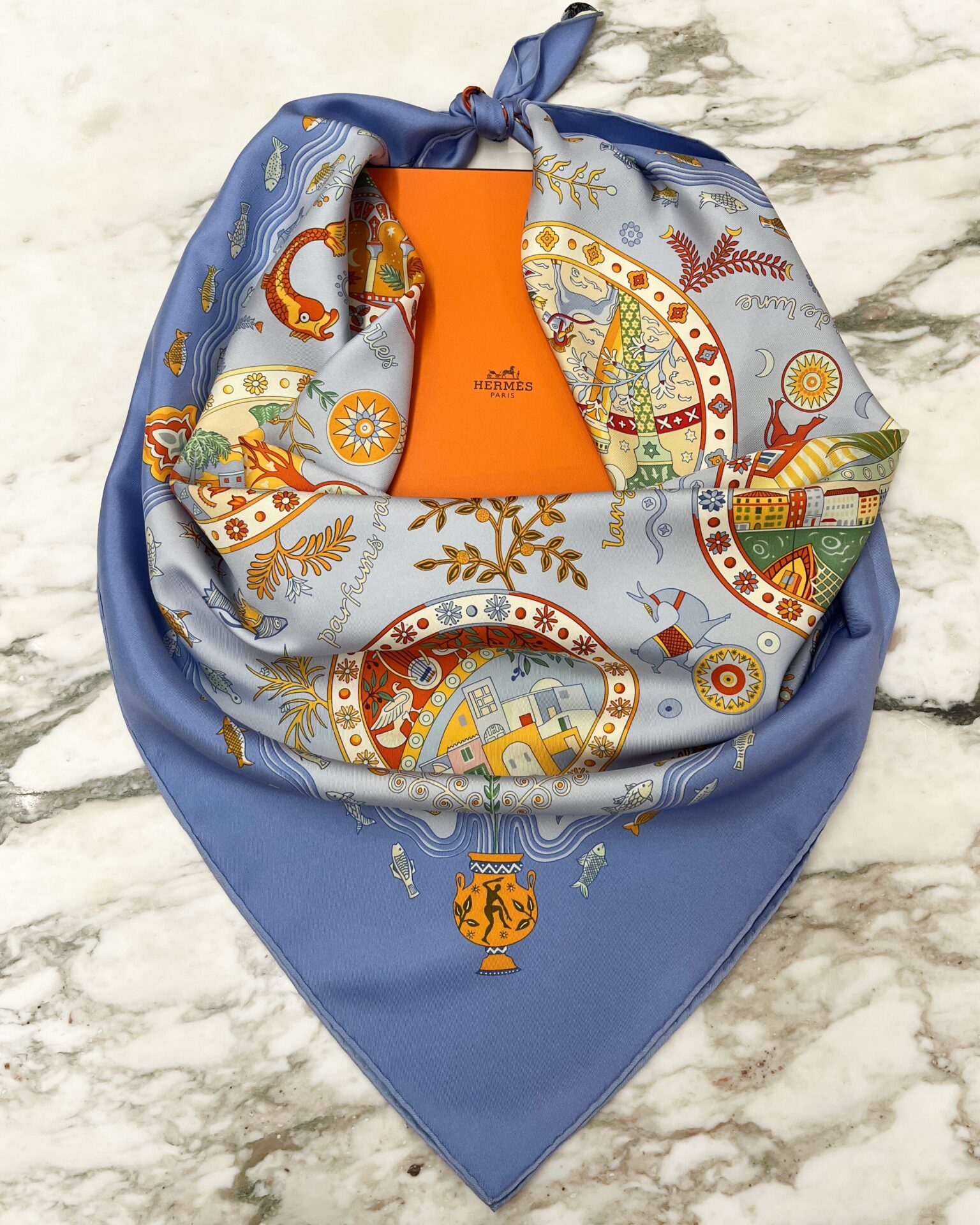Hermes 'Escales Mediterraneennes' blue silk scarf