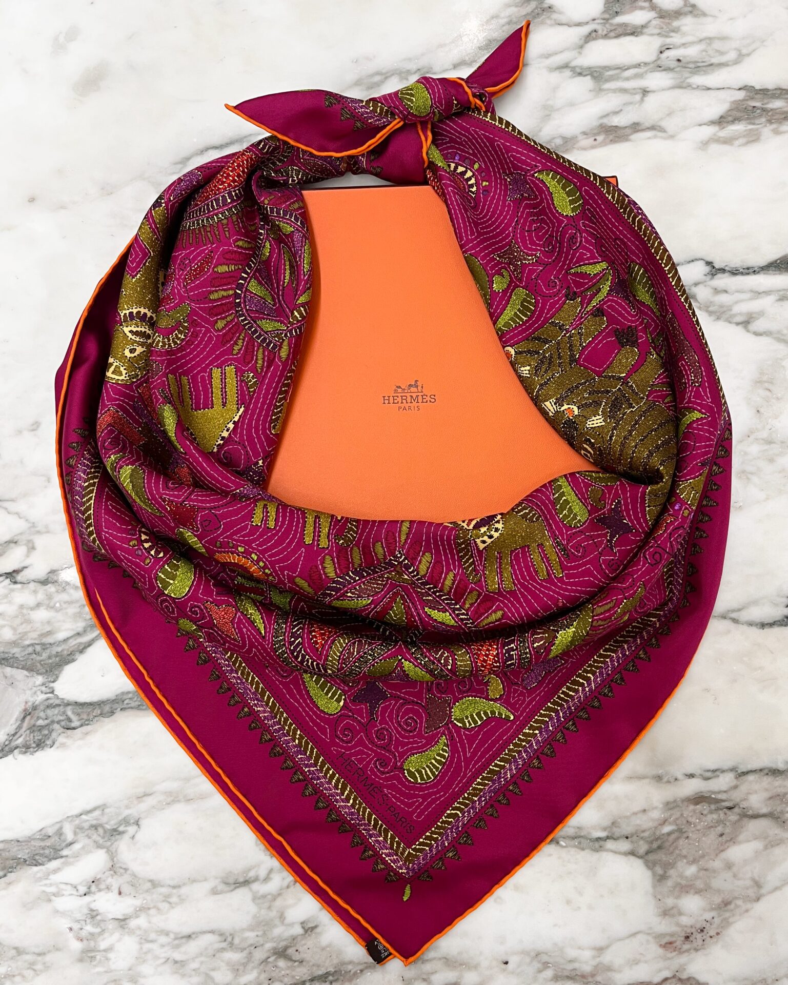 Hermes 'Carre Kantha' magenta silk embroidery print scarf