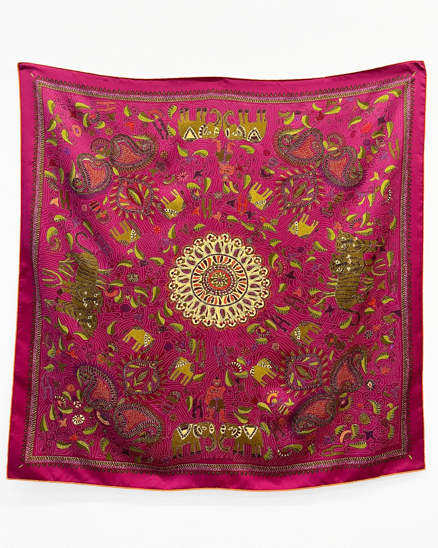 Hermes 'Carre Kantha' magenta silk embroidery print scarf