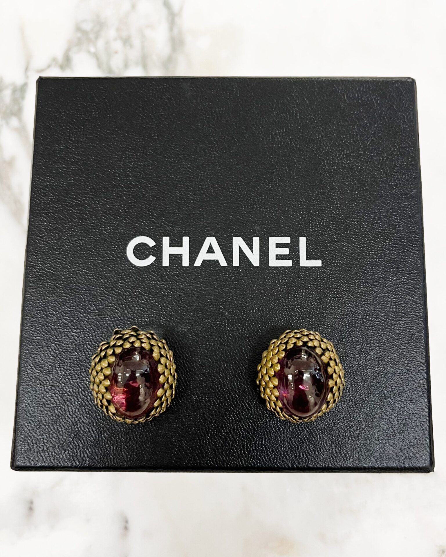 Chanel 1985 purple Gripoix glass flower bud earrings