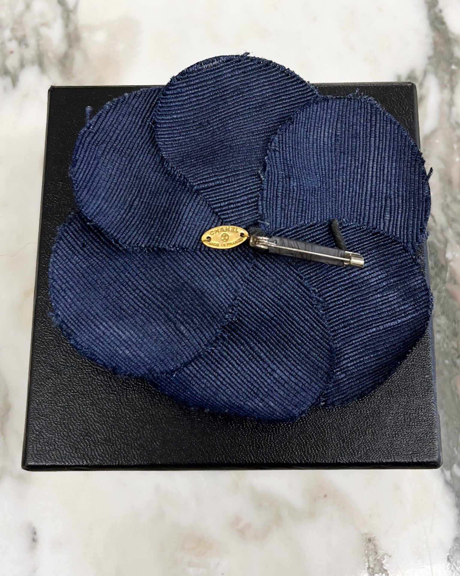 Chanel navy silk grosgrain Camellia brooch