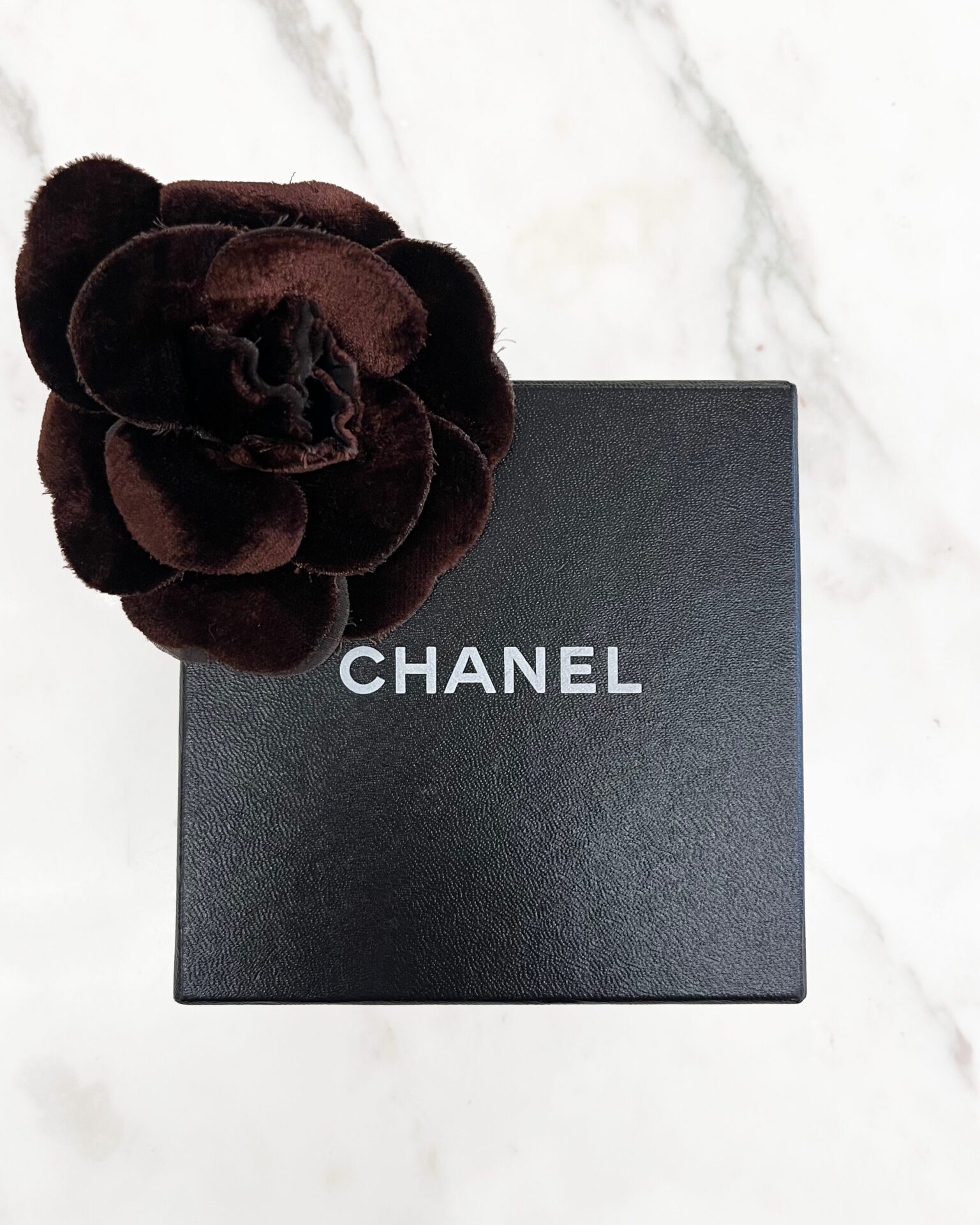 Chanel chocolate velvet Camellia brooch