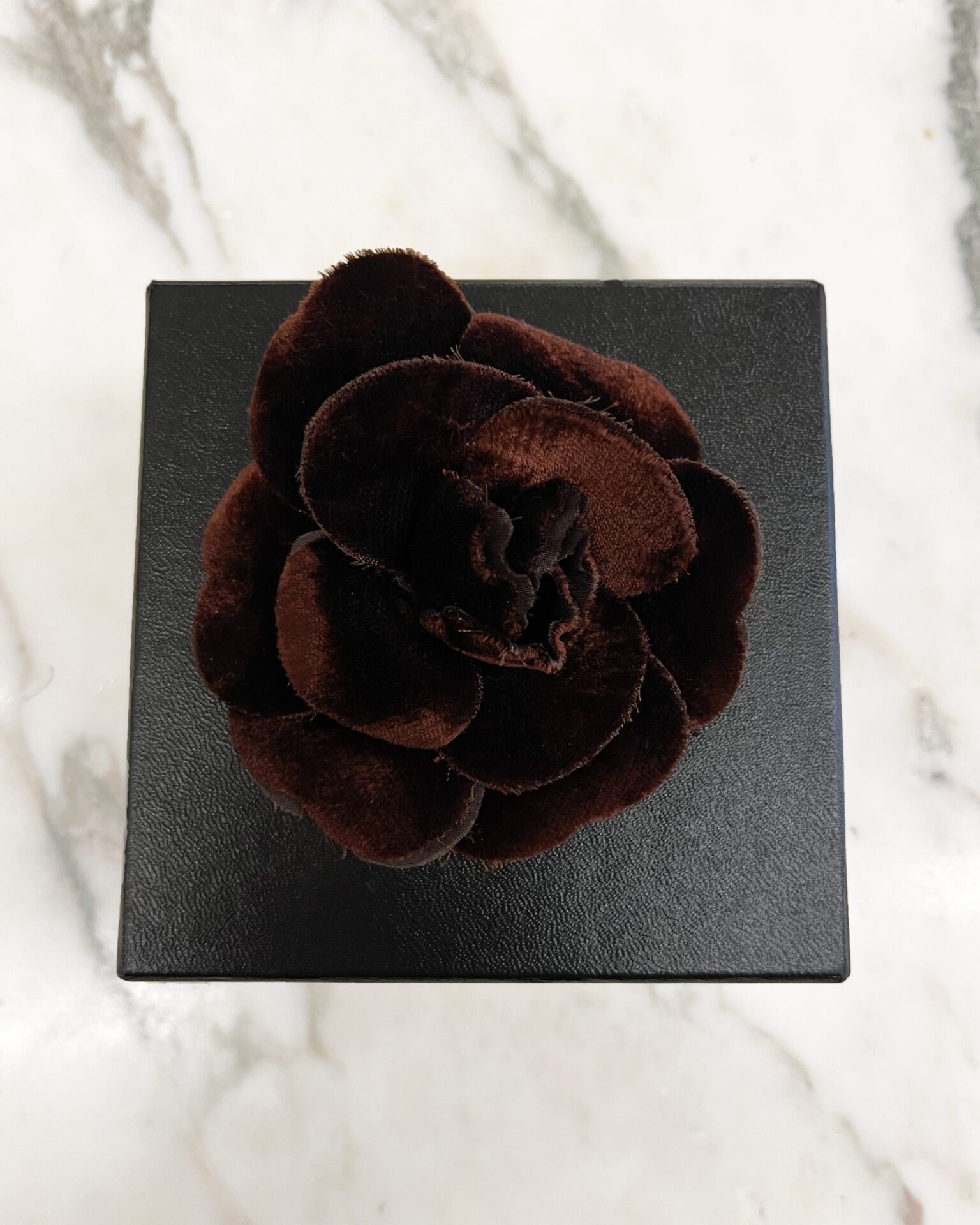 Chanel chocolate velvet Camellia brooch