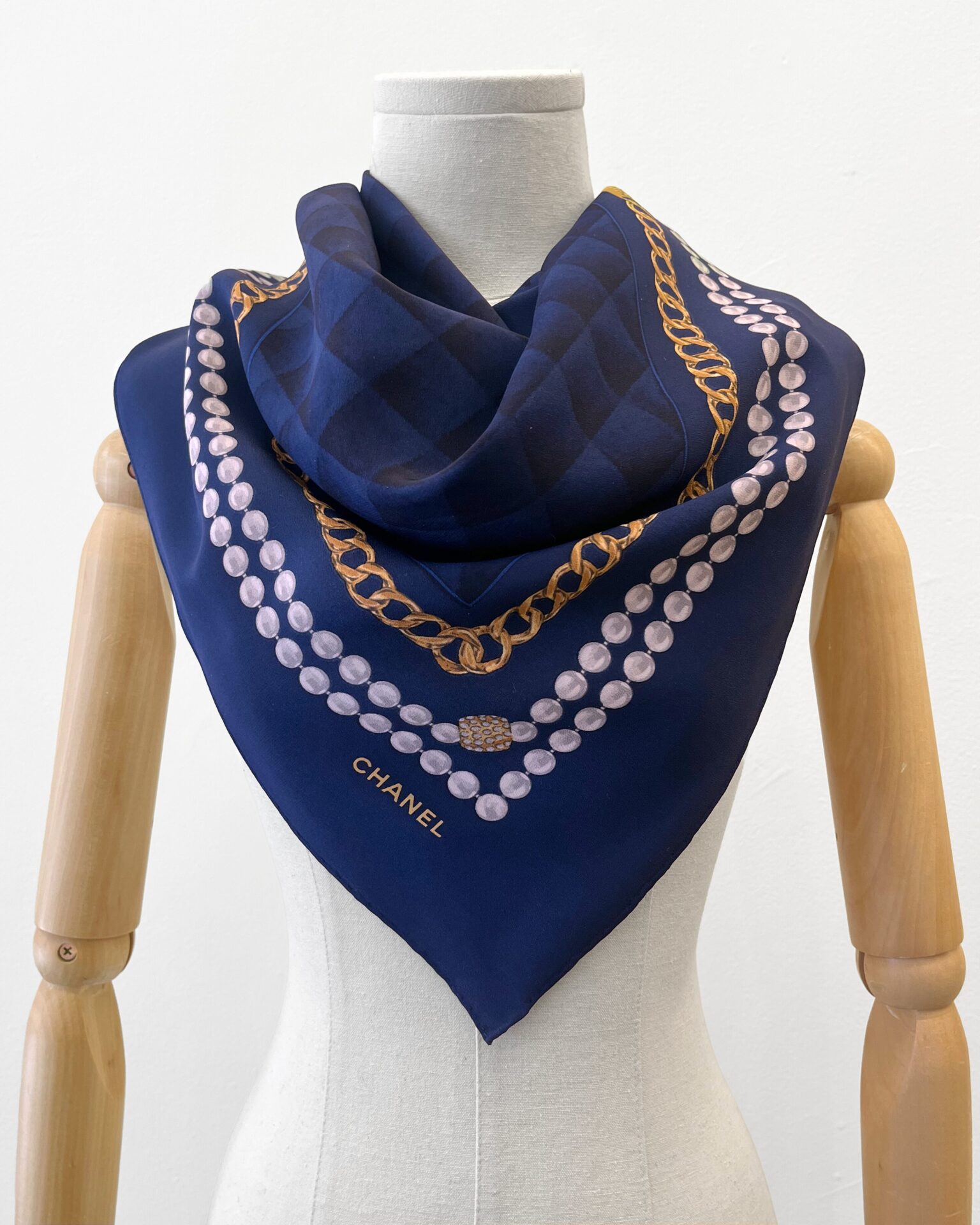 Chanel 1990's navy silk logo scarf with pearl/chain print