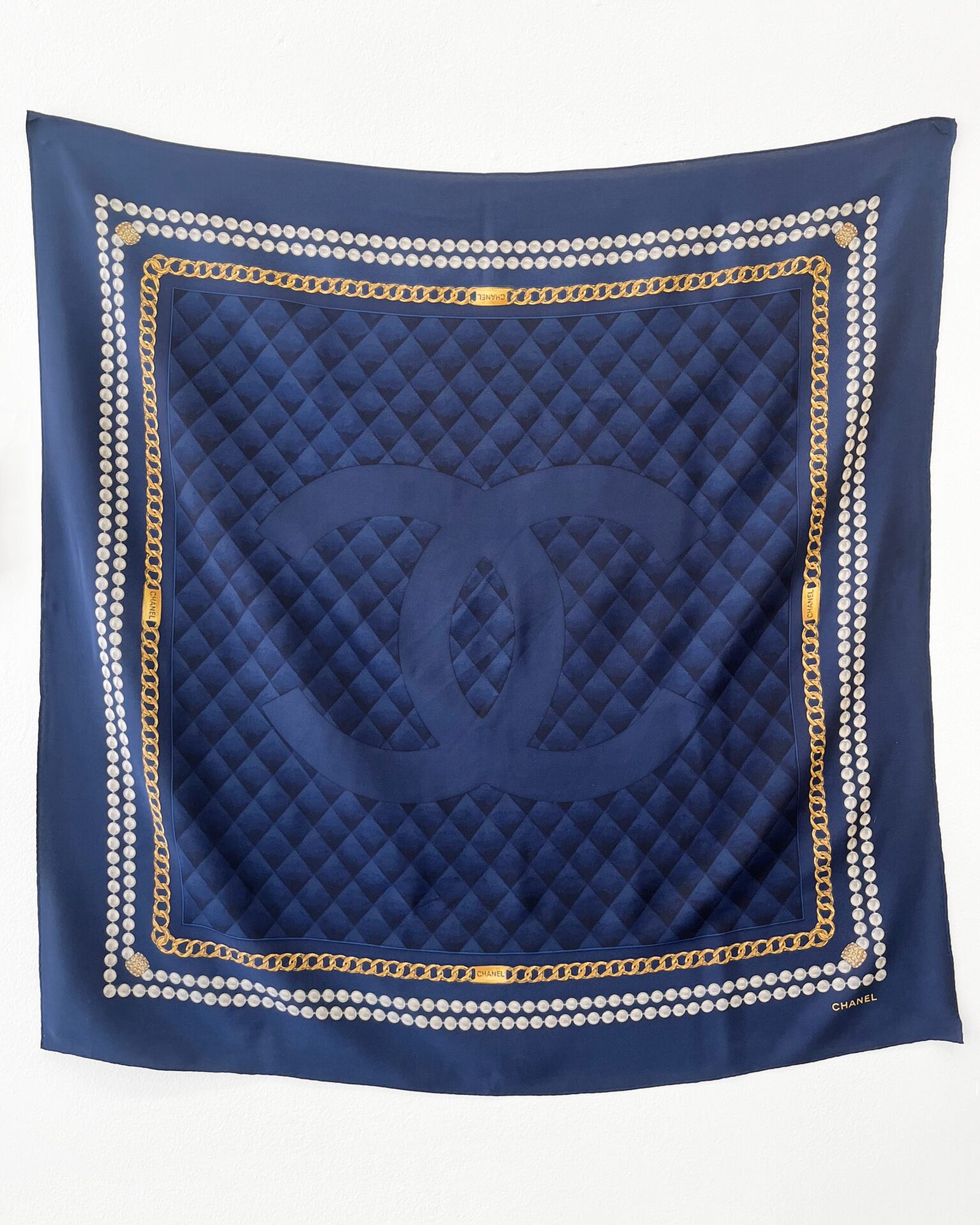 Chanel 1990's navy silk logo scarf with pearl/chain print