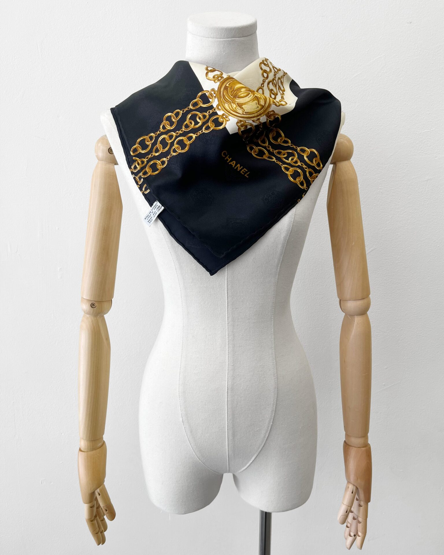Chanel 1990's cream/black silk scarf with chain print