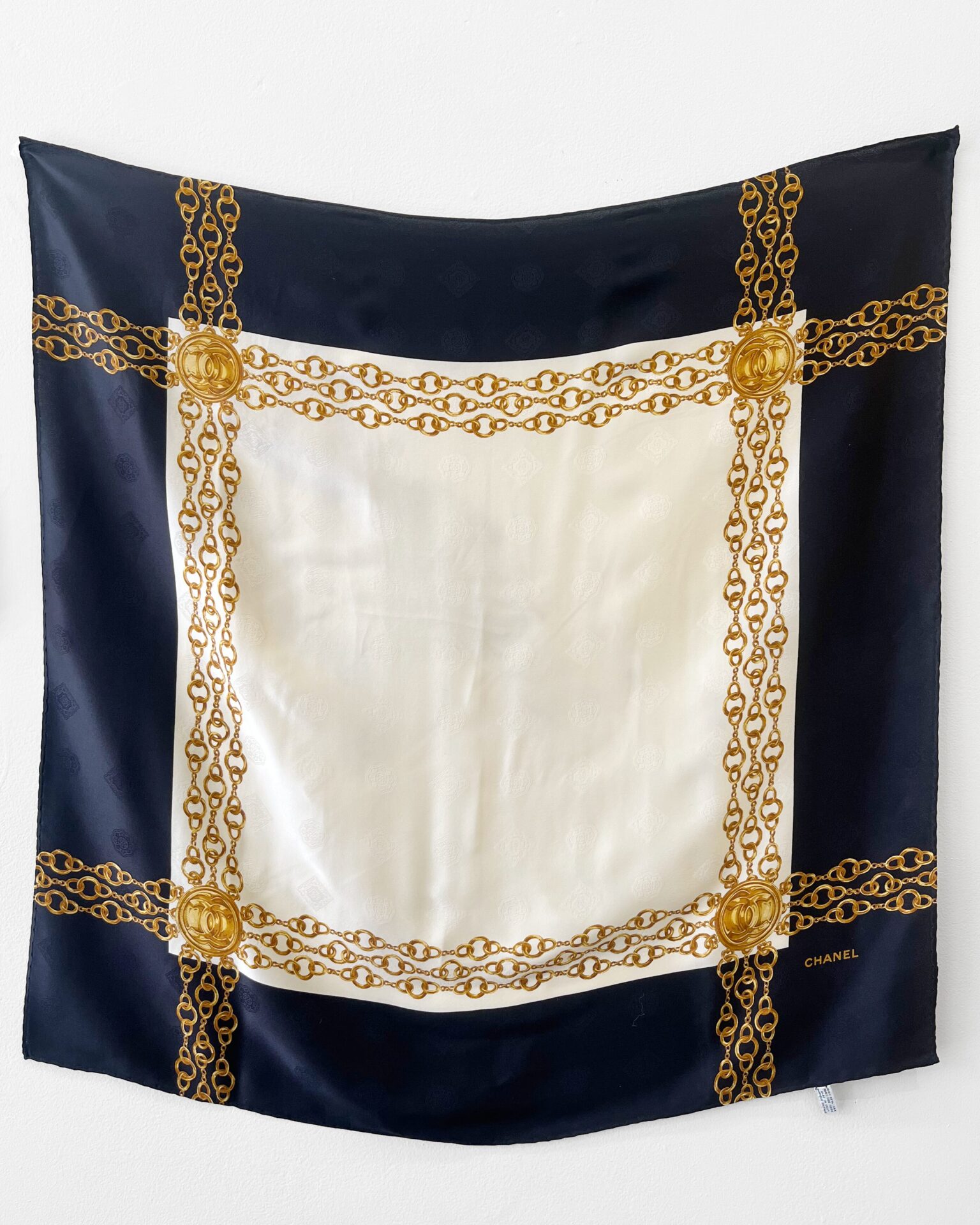 Chanel 1990's cream/black silk scarf with chain print