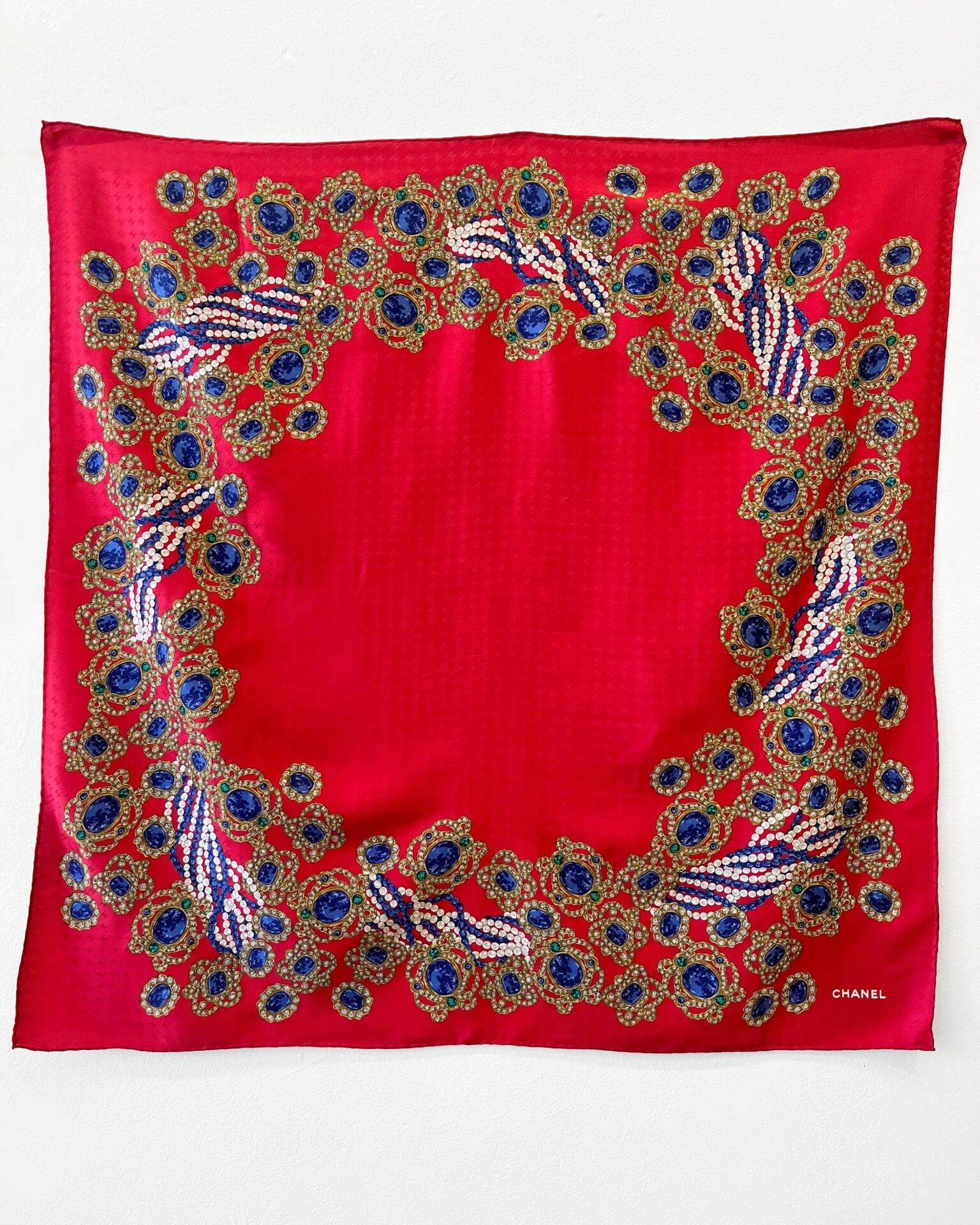 Chanel red jacquard logo silk scarf with jewel print