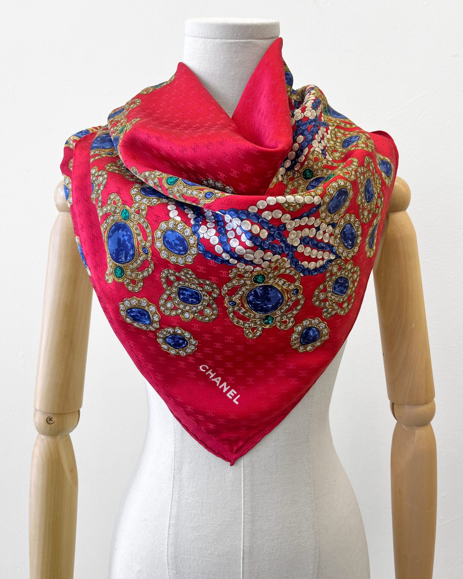 Chanel red jacquard logo silk scarf with jewel print