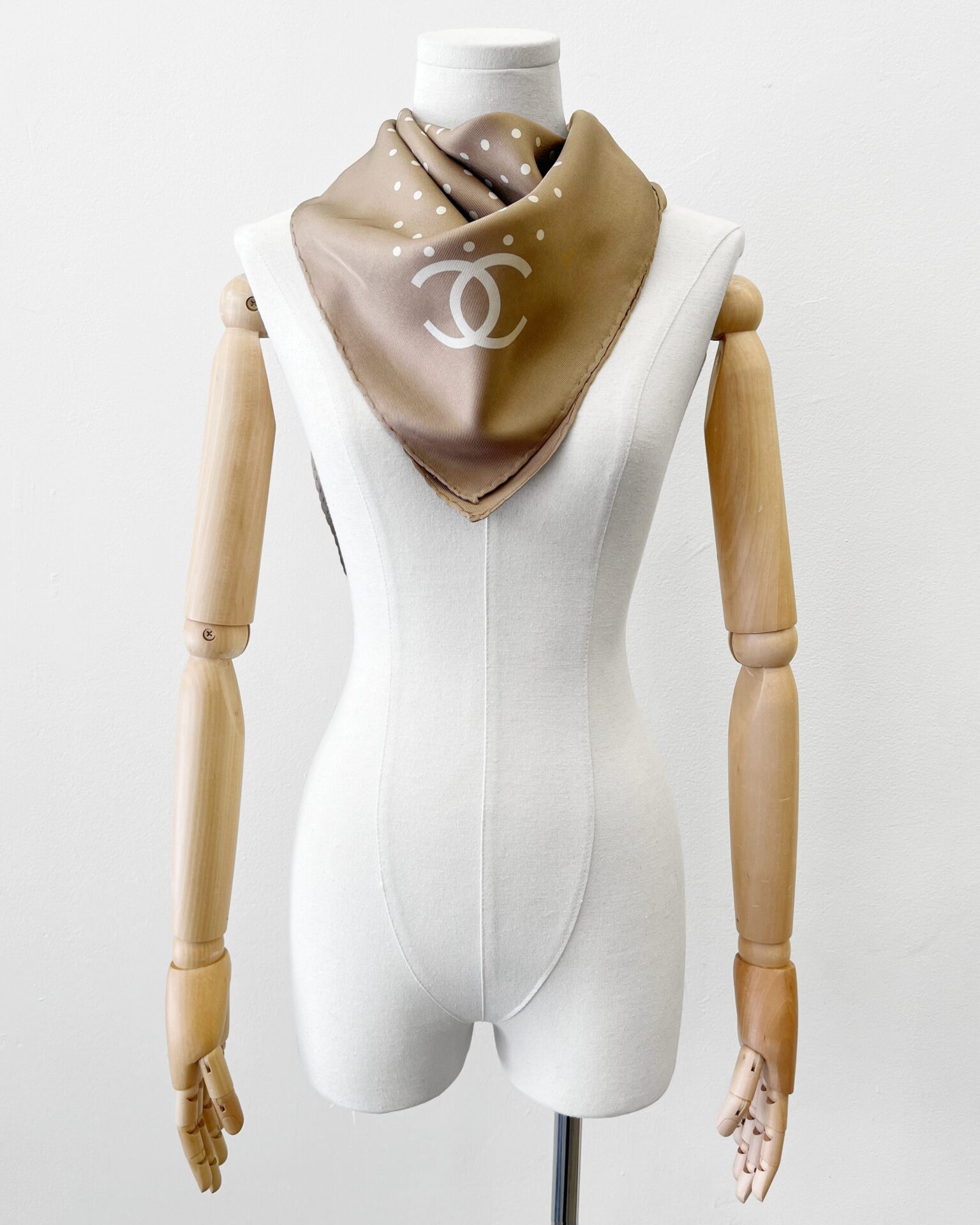 Chanel 1980's taupe silk scarf with cream logo print